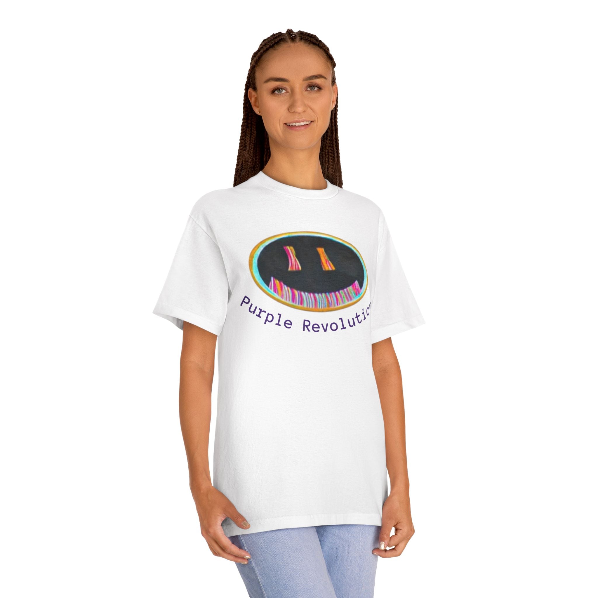 Graphic Tee — "Purple Revolution" Smiley Piano Design