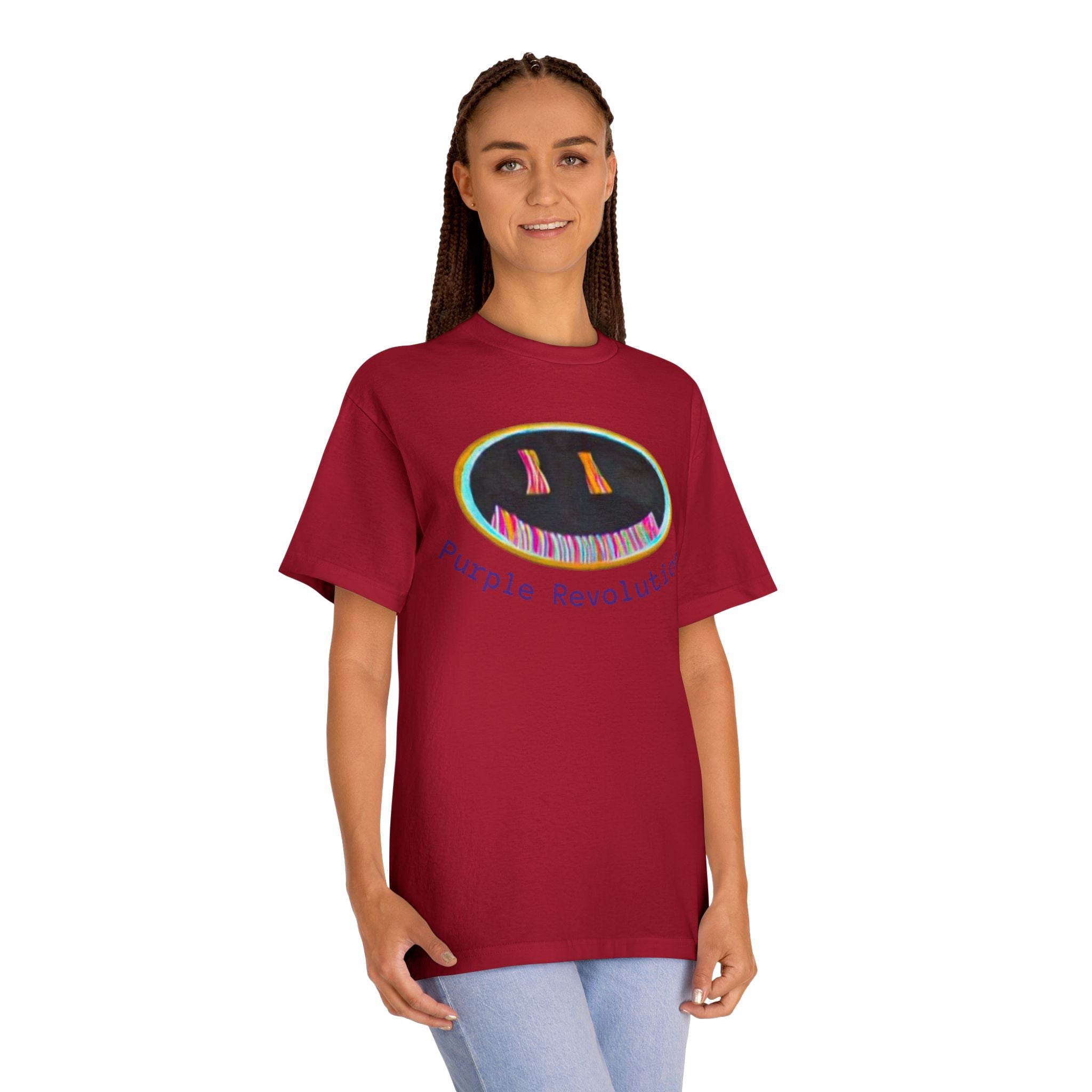 Graphic Tee — "Purple Revolution" Smiley Piano Design