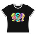 Melting Neon Smile Ringer Tee — Colorful Drippy Smiley Graphic Shirt
