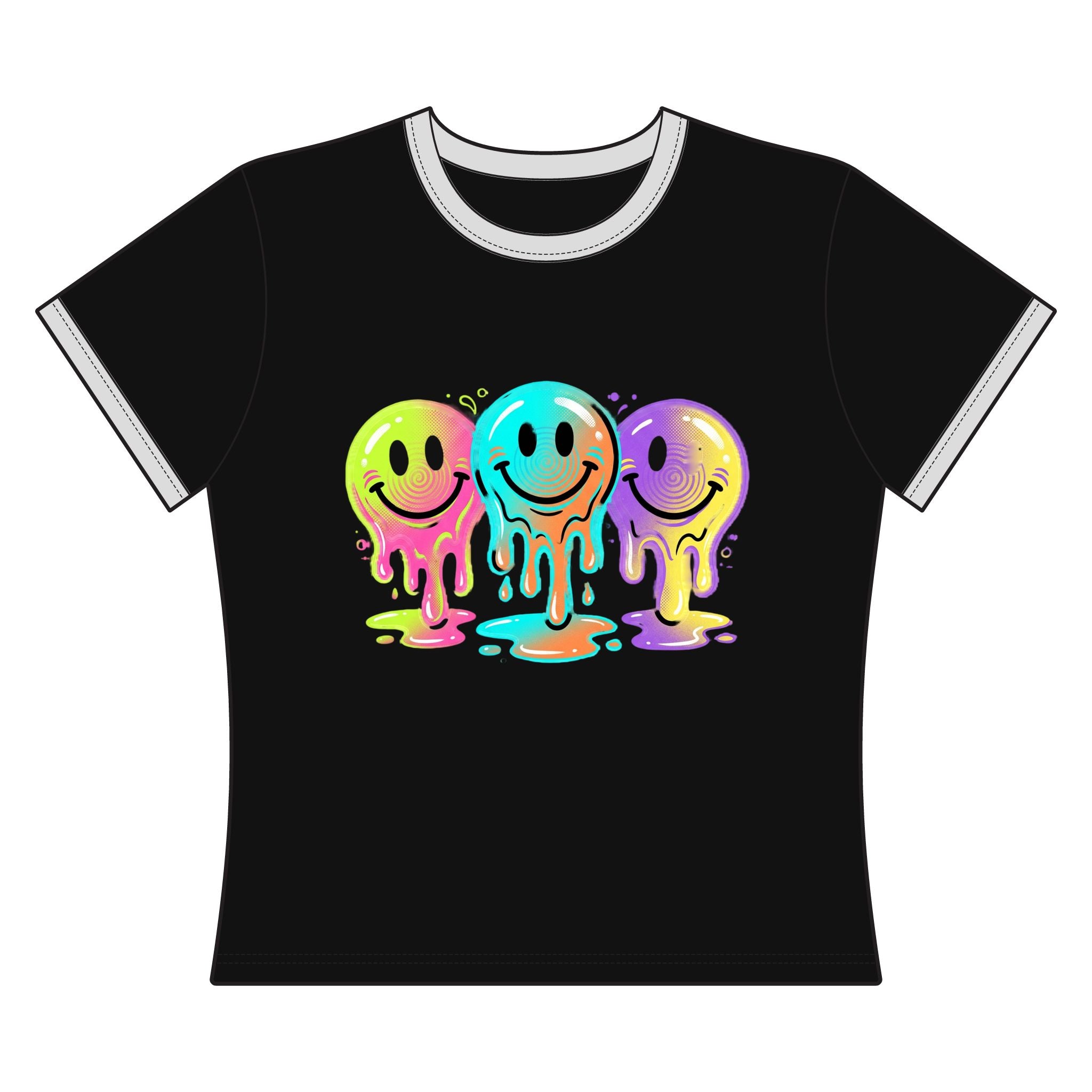 Melting Neon Smile Ringer Tee — Colorful Drippy Smiley Graphic Shirt