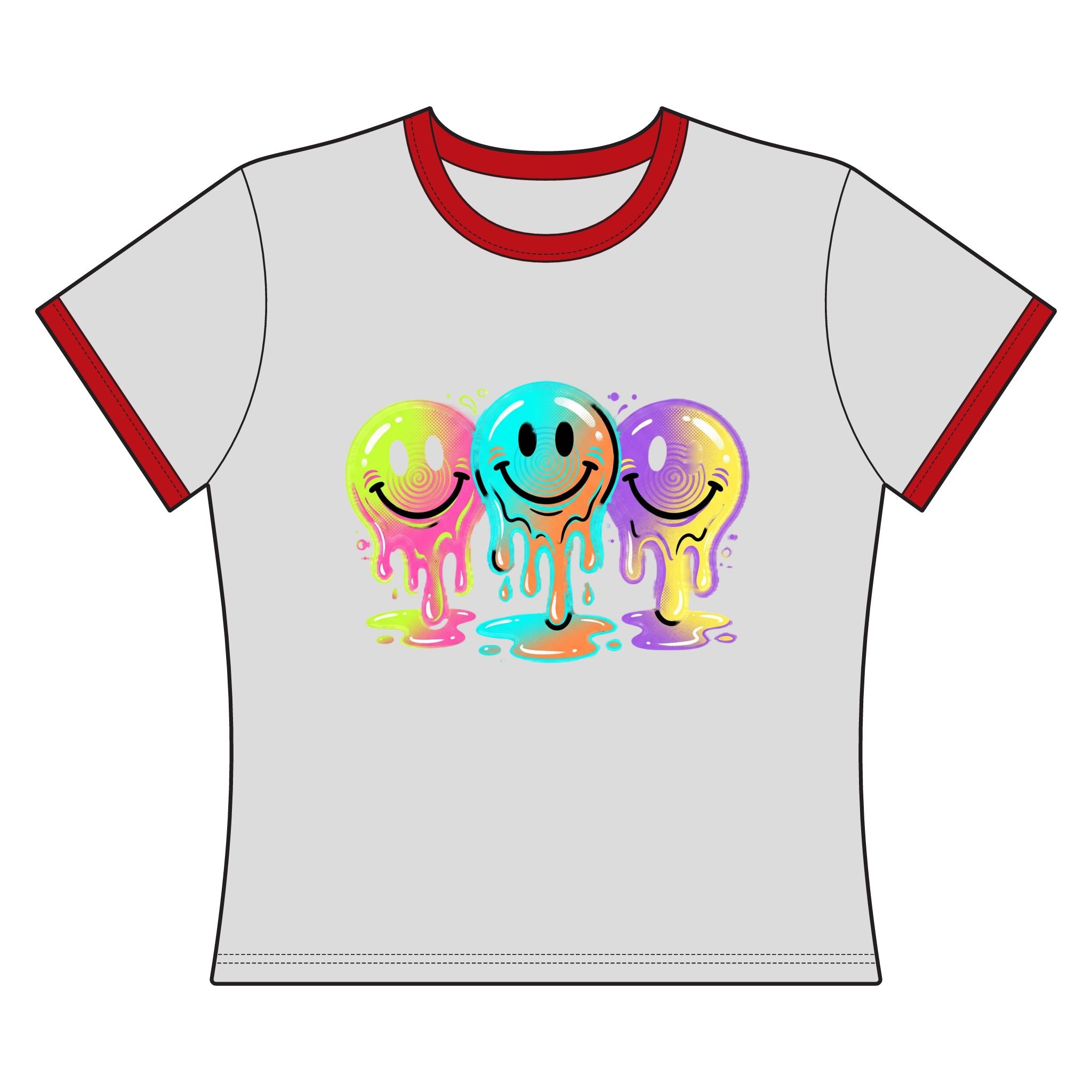 Melting Neon Smile Ringer Tee — Colorful Drippy Smiley Graphic Shirt