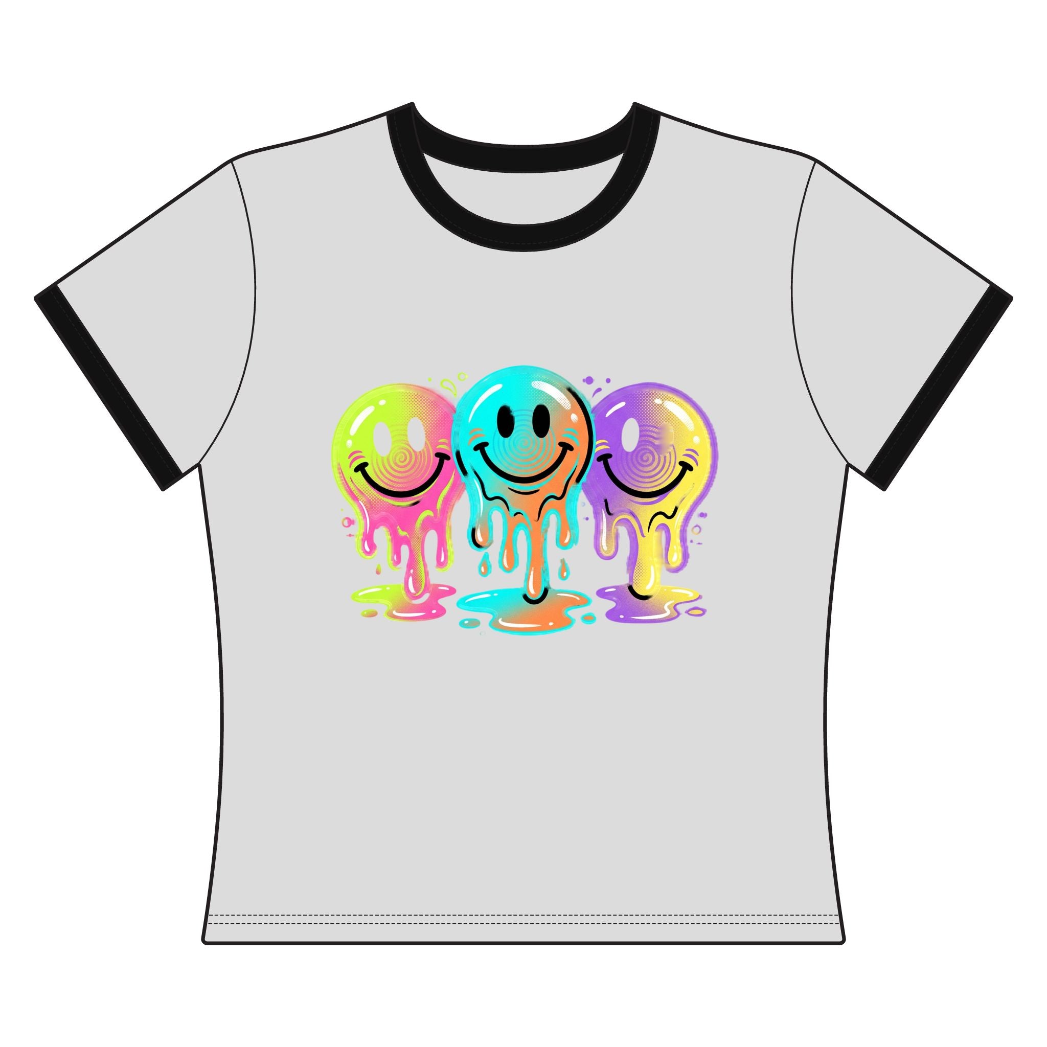 Melting Neon Smile Ringer Tee — Colorful Drippy Smiley Graphic Shirt