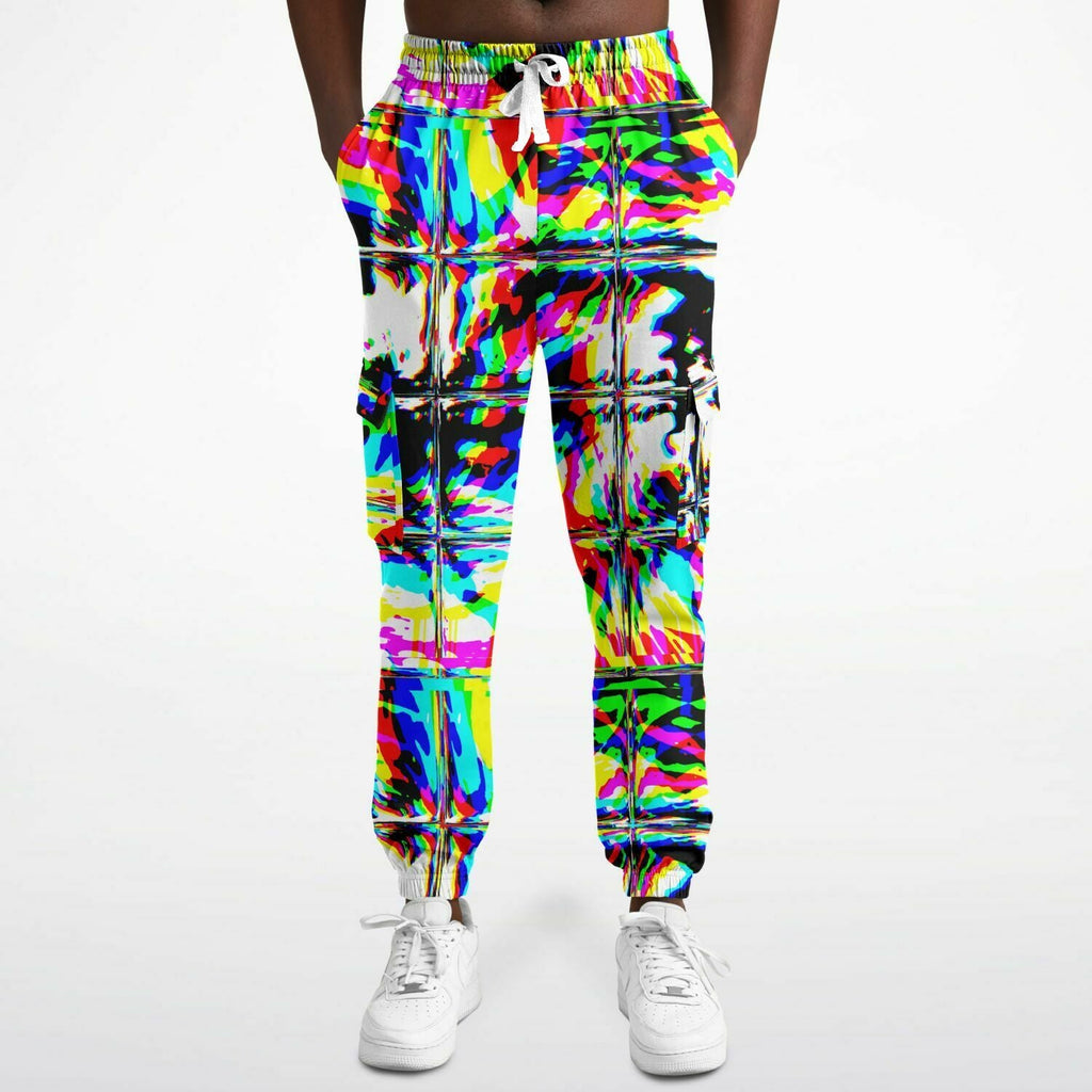 Psychedelic Rave Glitch Tiles Rainbow Plaid Unisex Cargo Joggers (Fleece Lined)