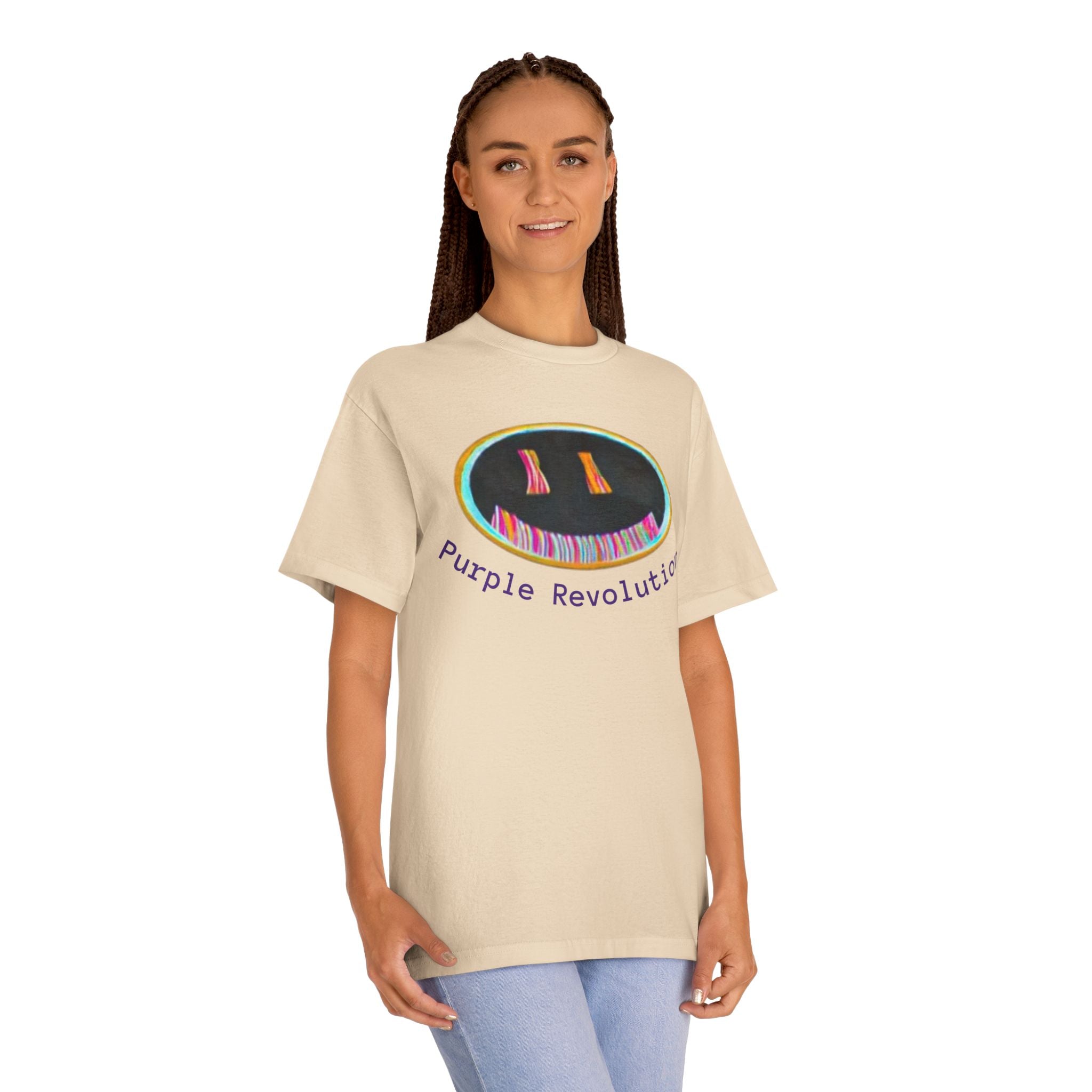 Graphic Tee — "Purple Revolution" Smiley Piano Design