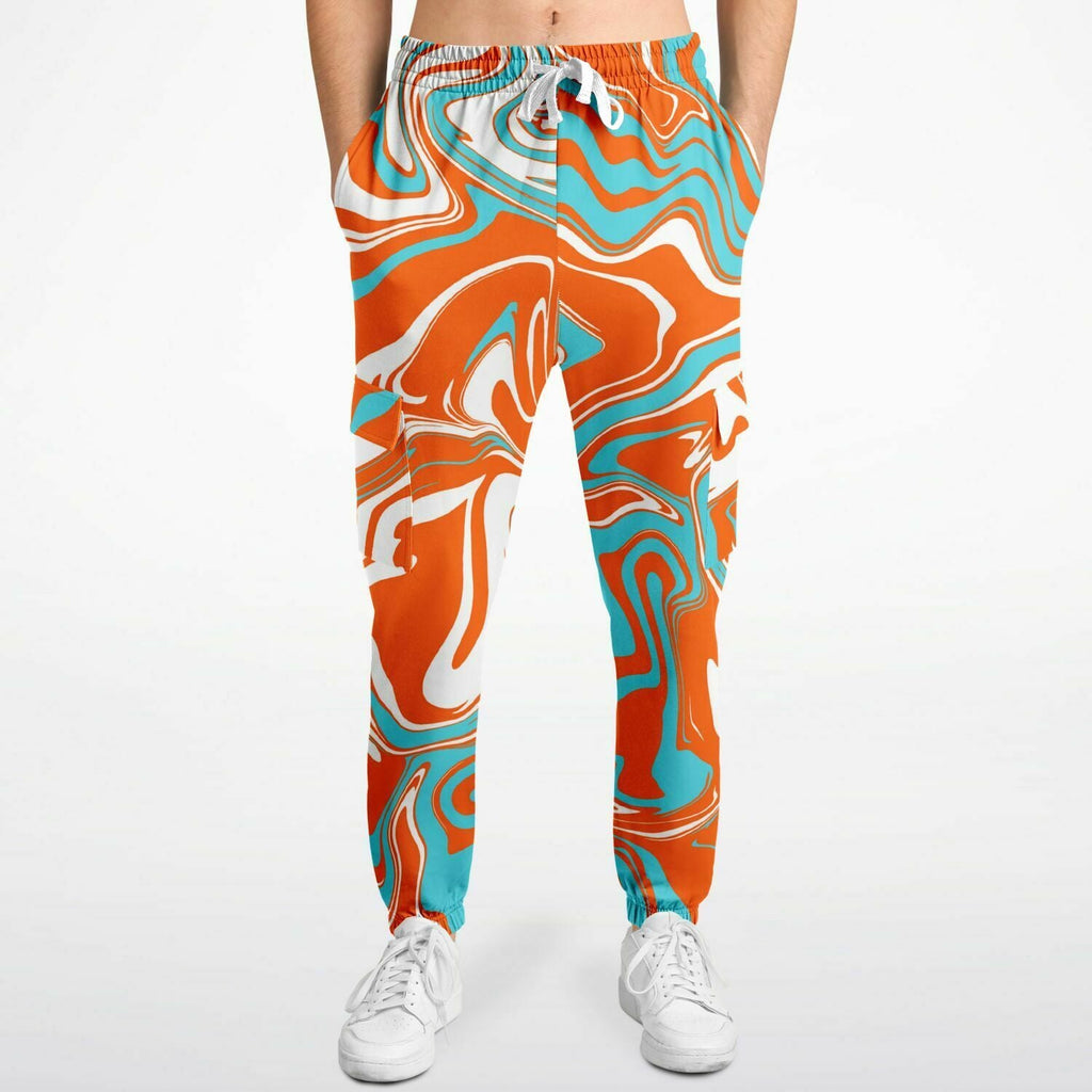 Orange Turquoise and White Oil Spill Unisex Cargo Joggers (Fleece Lined)