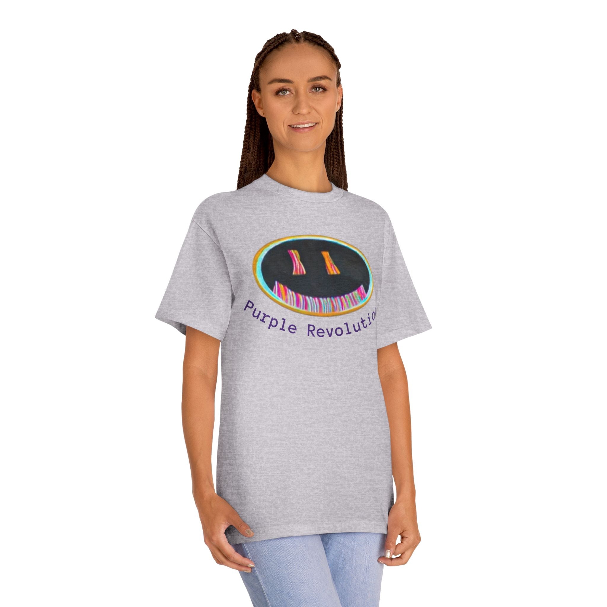 Graphic Tee — "Purple Revolution" Smiley Piano Design