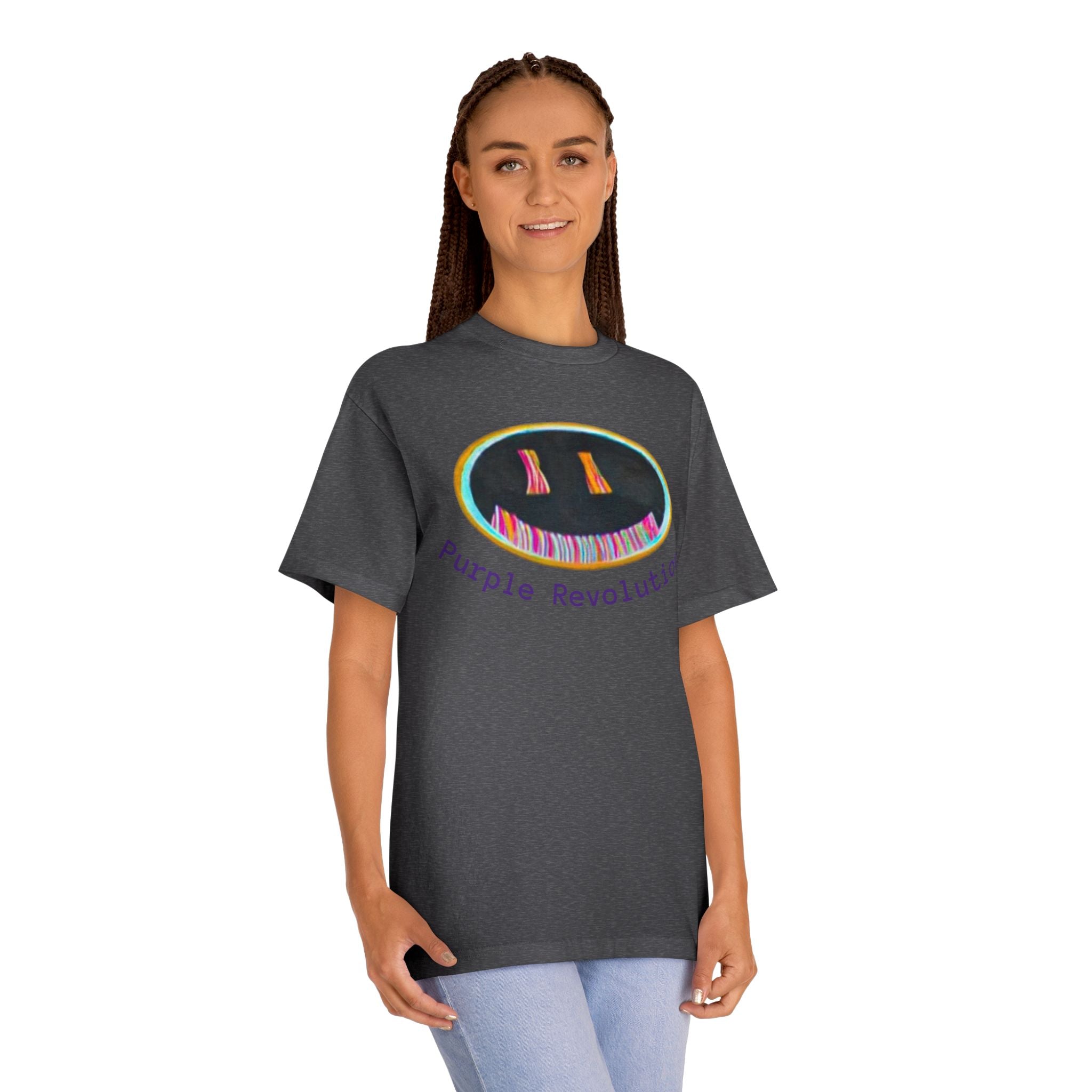 Graphic Tee — "Purple Revolution" Smiley Piano Design