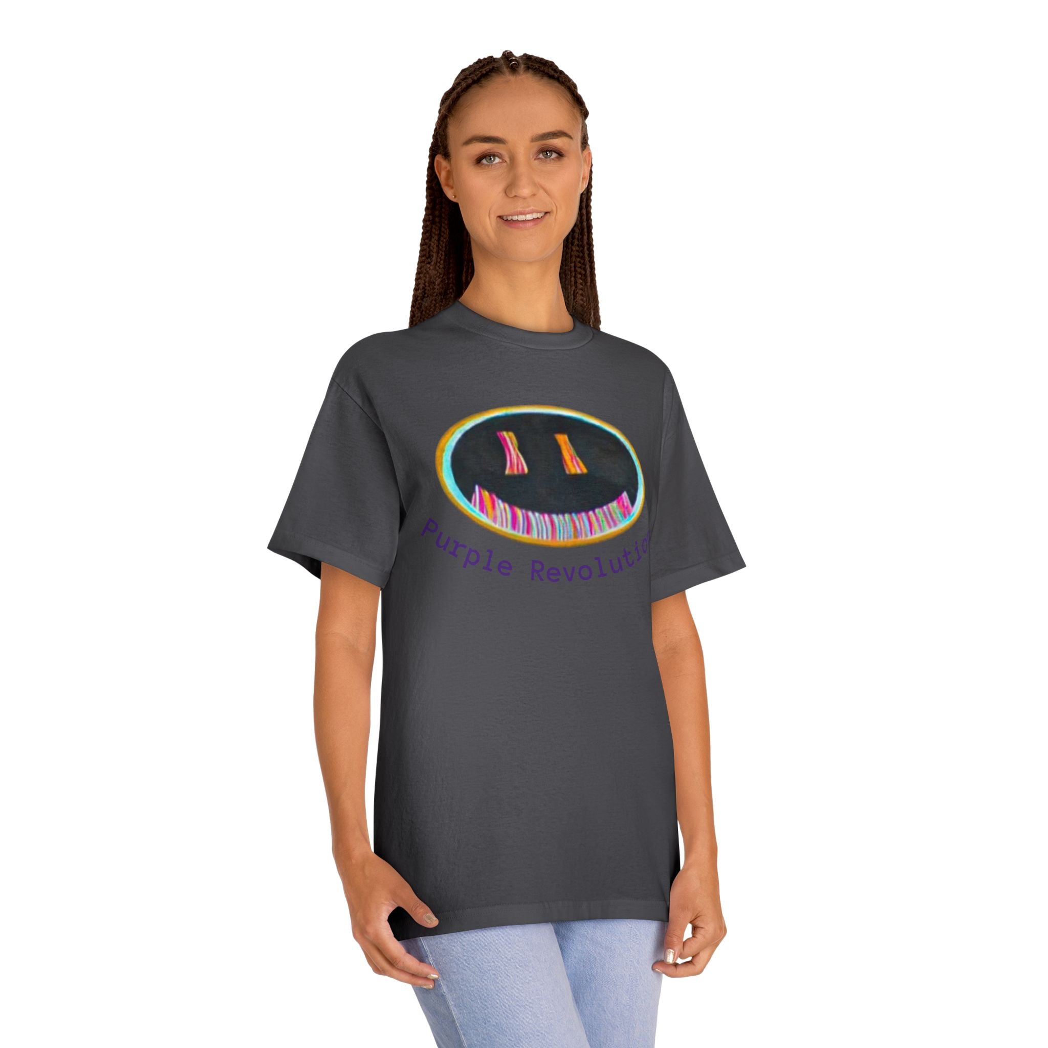 Graphic Tee — "Purple Revolution" Smiley Piano Design