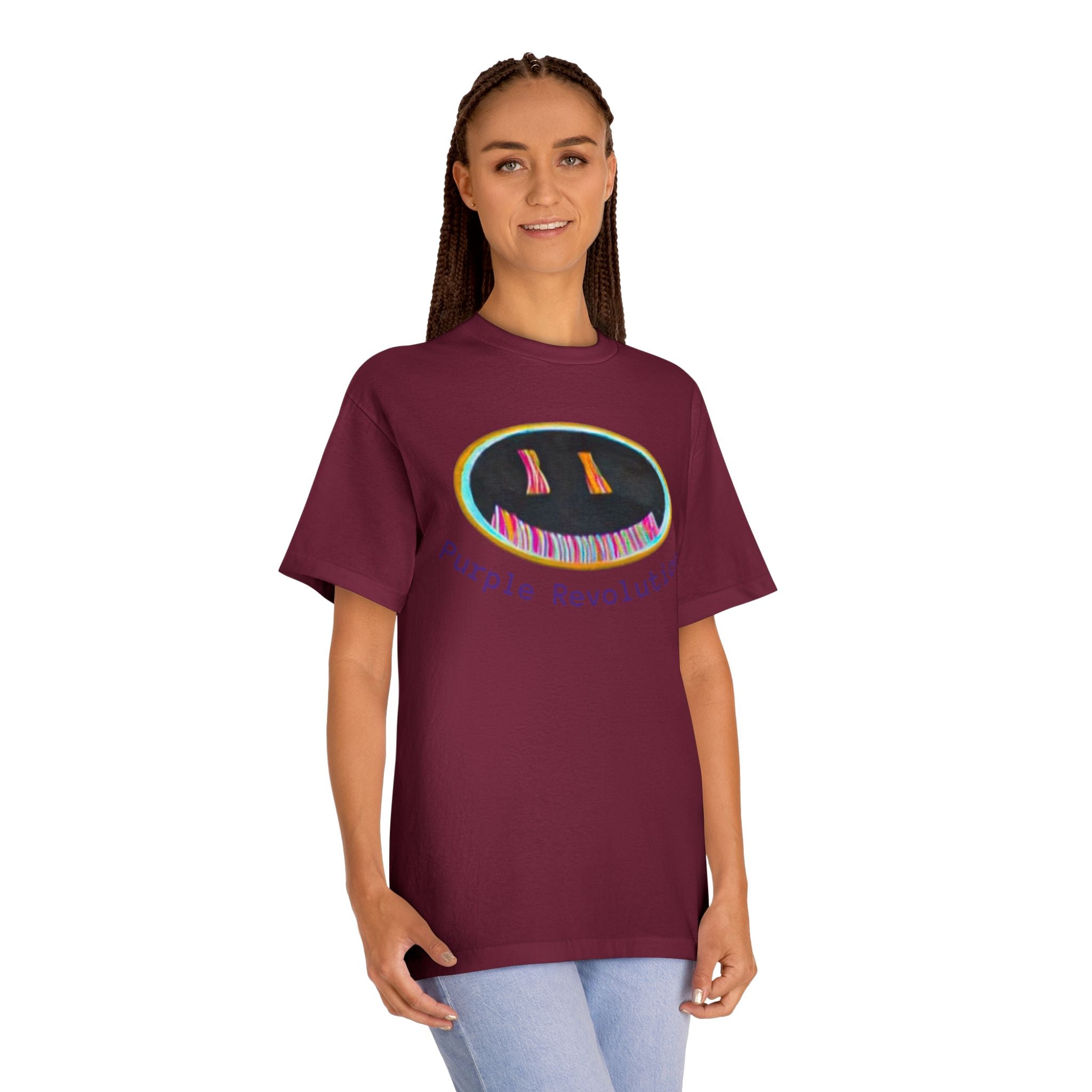 Graphic Tee — "Purple Revolution" Smiley Piano Design