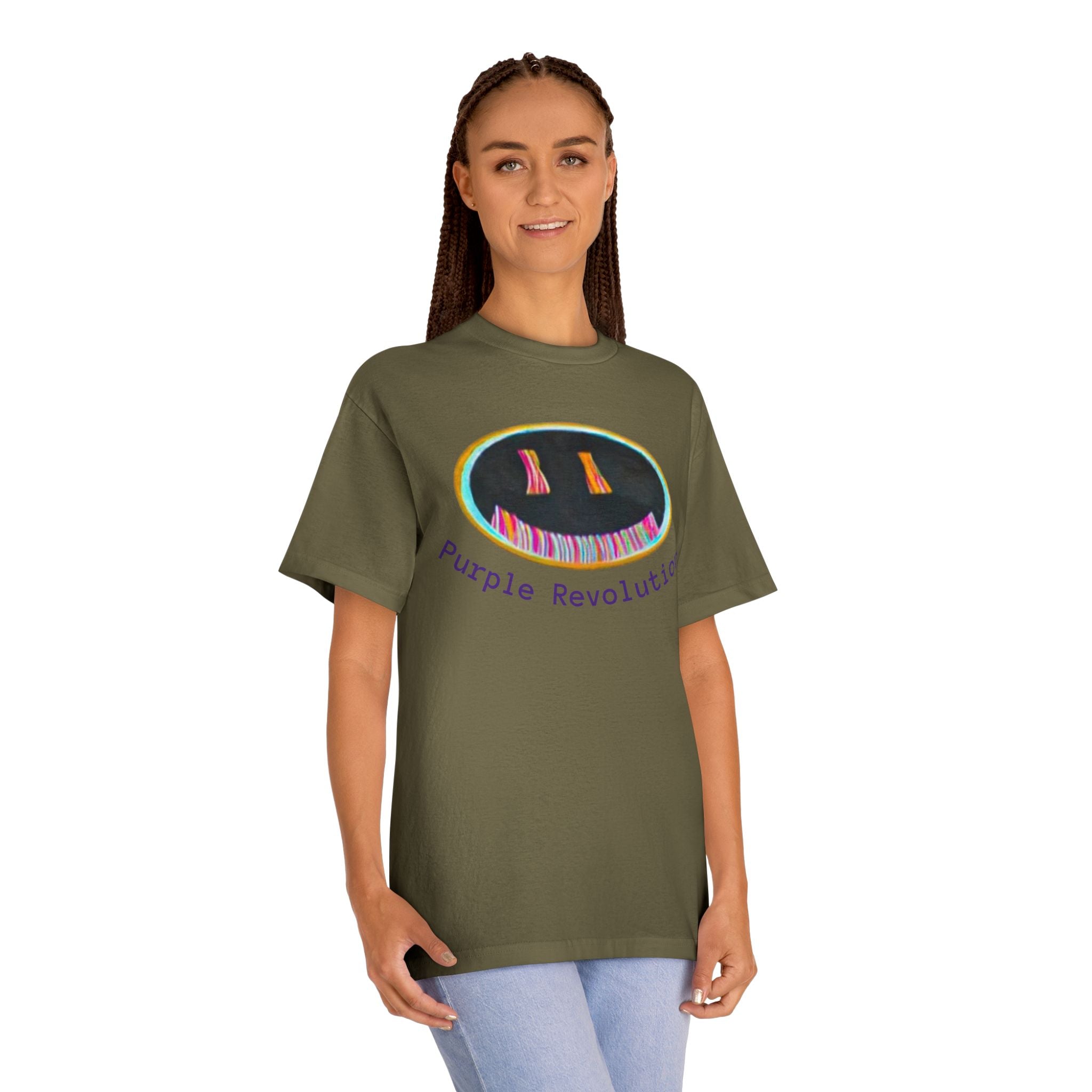 Graphic Tee — "Purple Revolution" Smiley Piano Design