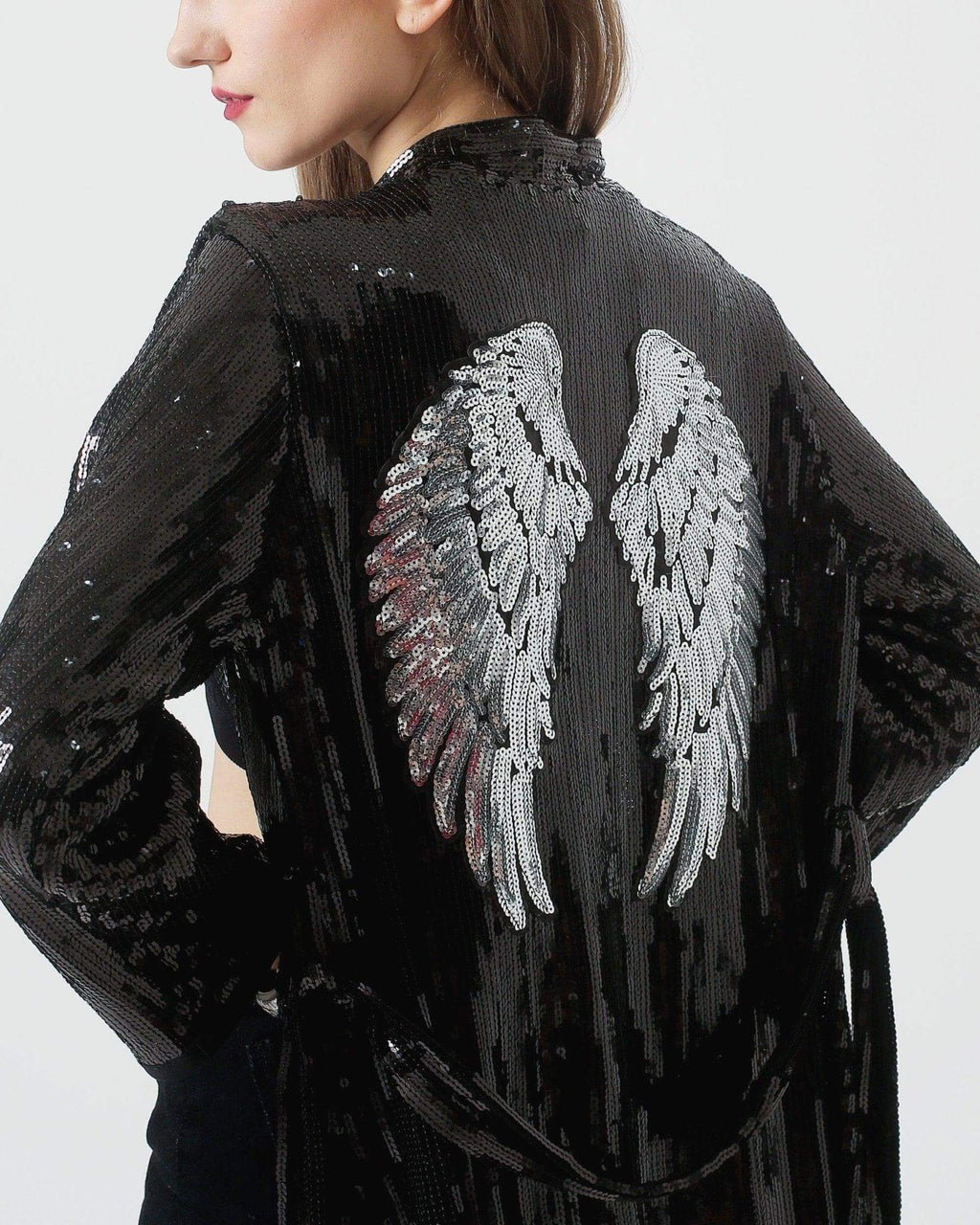 Black Sequin Kimono with Silver Wings