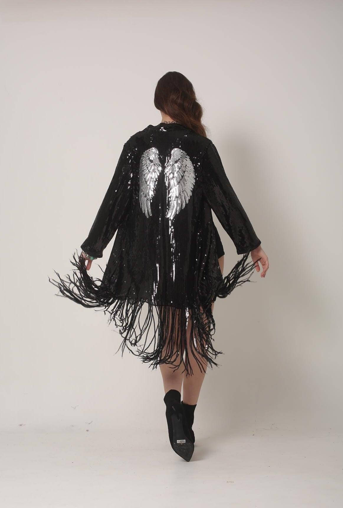 Black Sequin Kimono with Silver Wings