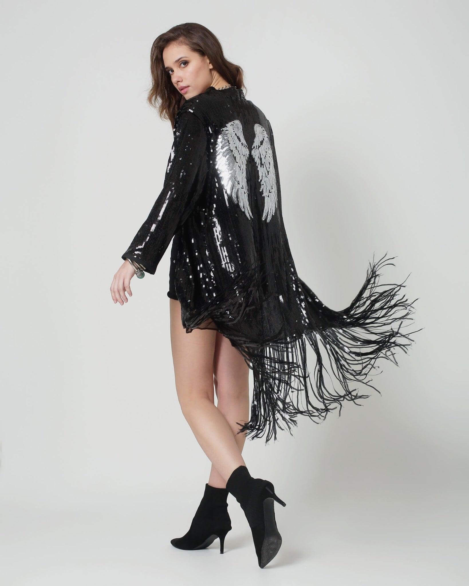 Black Sequin Kimono with Silver Wings