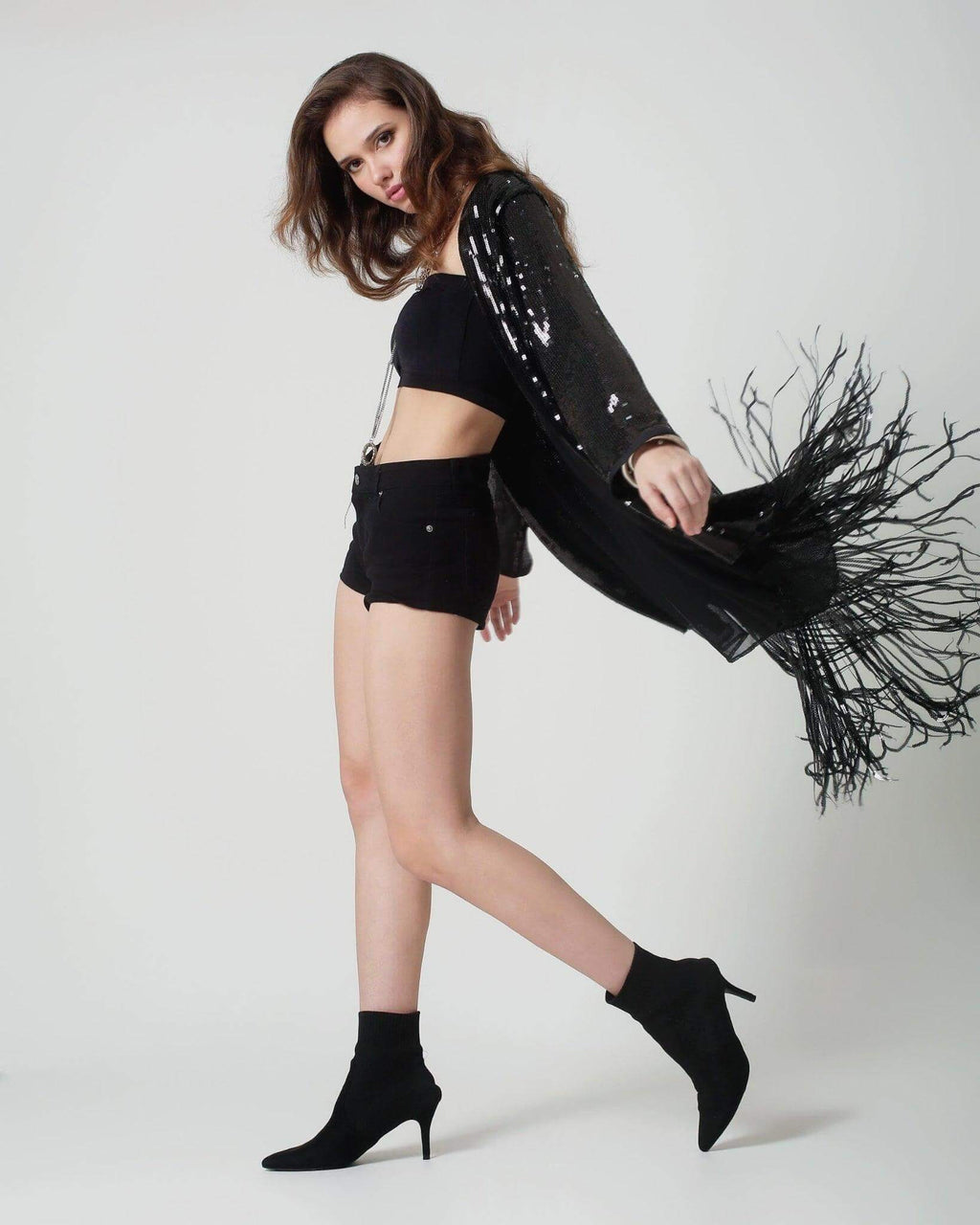 Black Sequin Kimono with Silver Wings