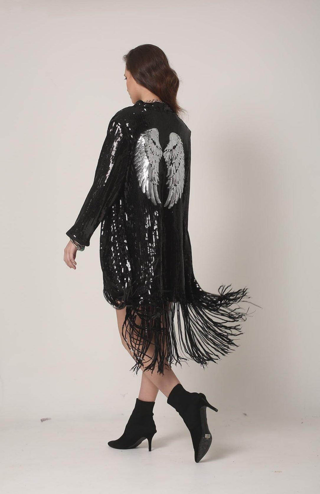 Black Sequin Kimono with Silver Wings