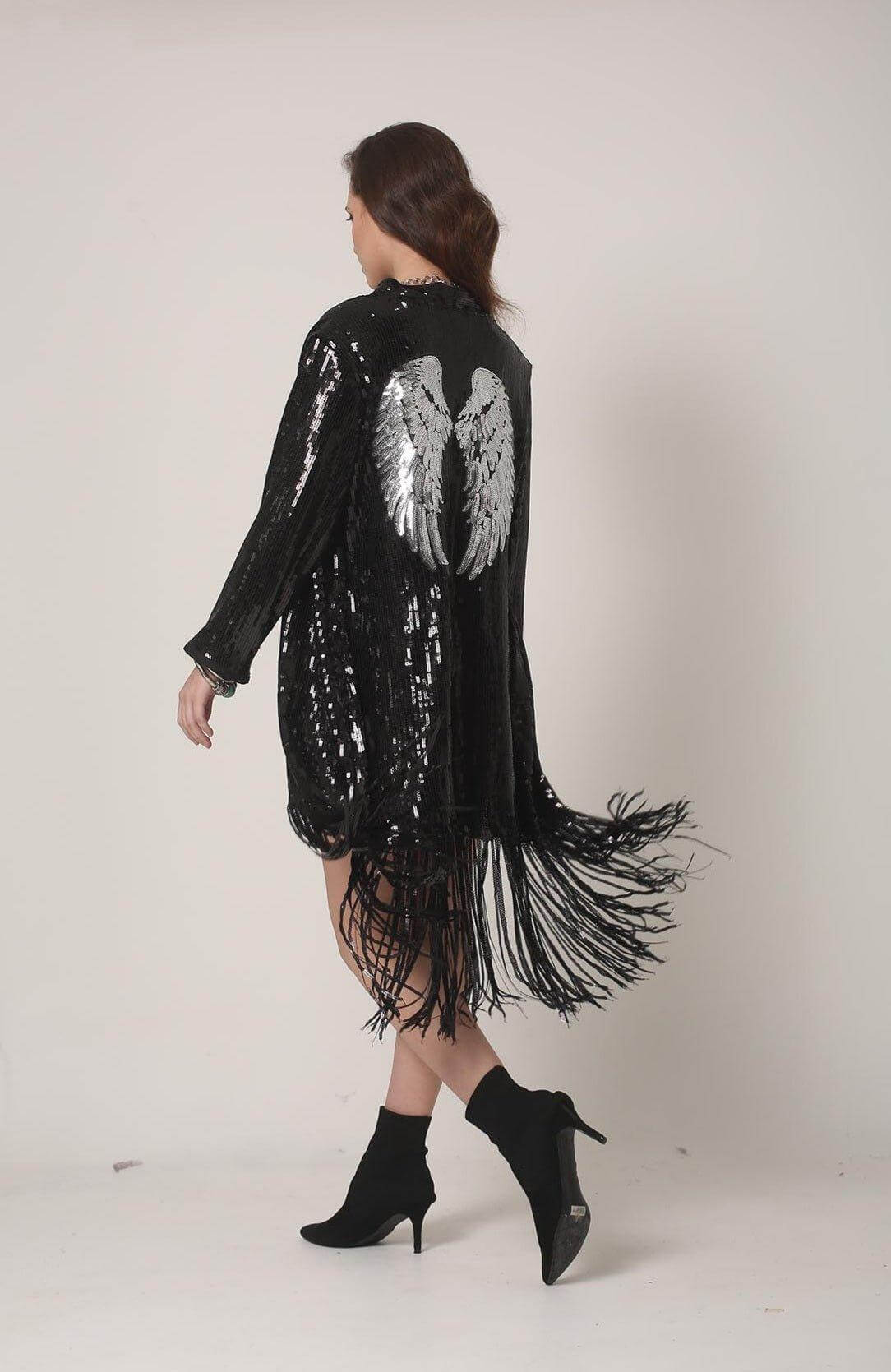 Black Sequin Kimono with Silver Wings