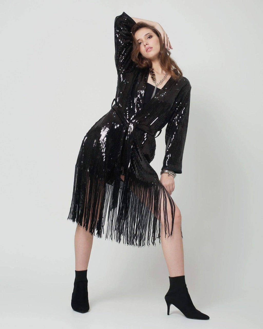 Black Sequin Kimono with Silver Wings