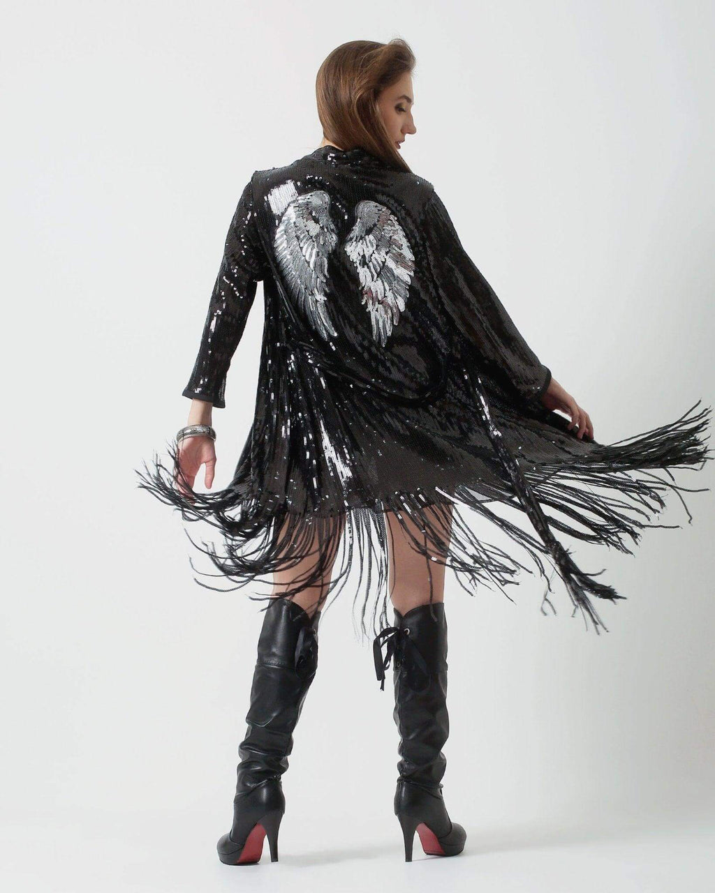 Black Sequin Kimono with Silver Wings