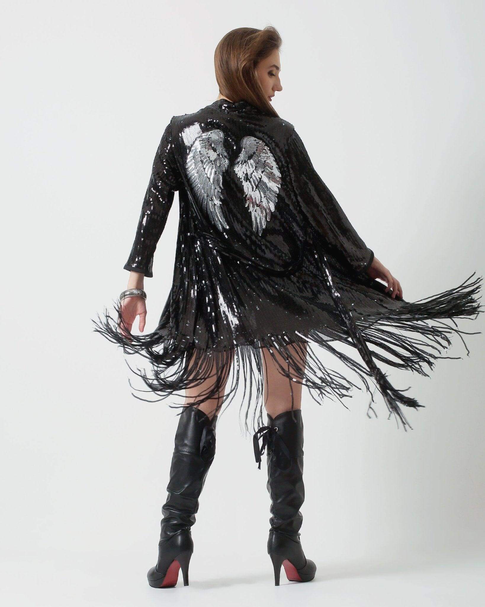 Black Sequin Kimono with Silver Wings