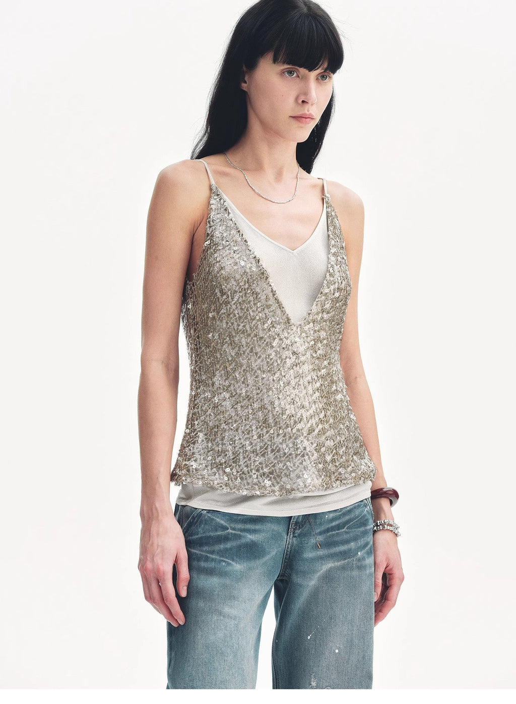 "Dream Catcher" Sequined Net Pattern Fake Two-Piece Deep V Waist Suspender Summer