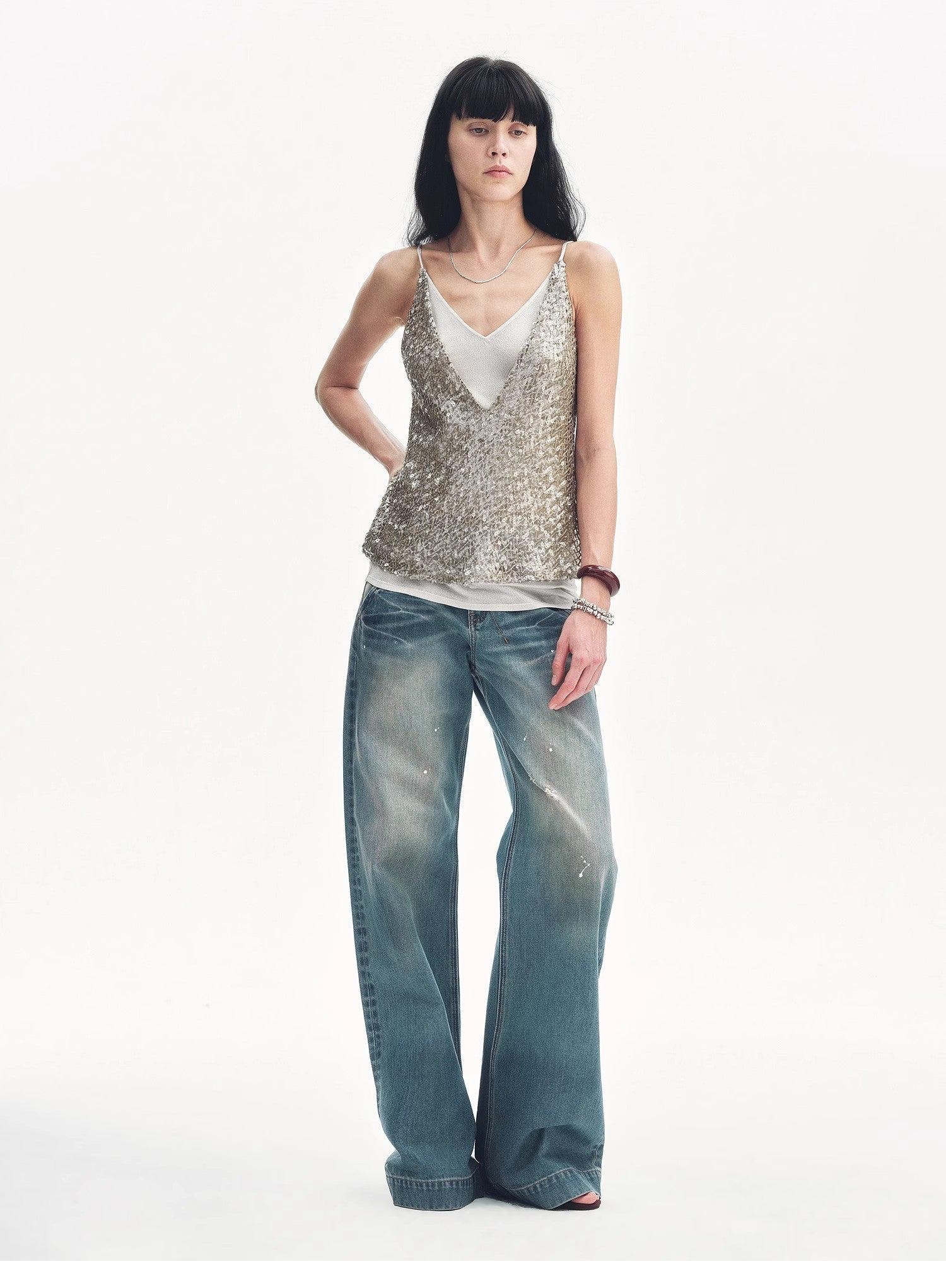 "Dream Catcher" Sequined Net Pattern Fake Two-Piece Deep V Waist Suspender Summer