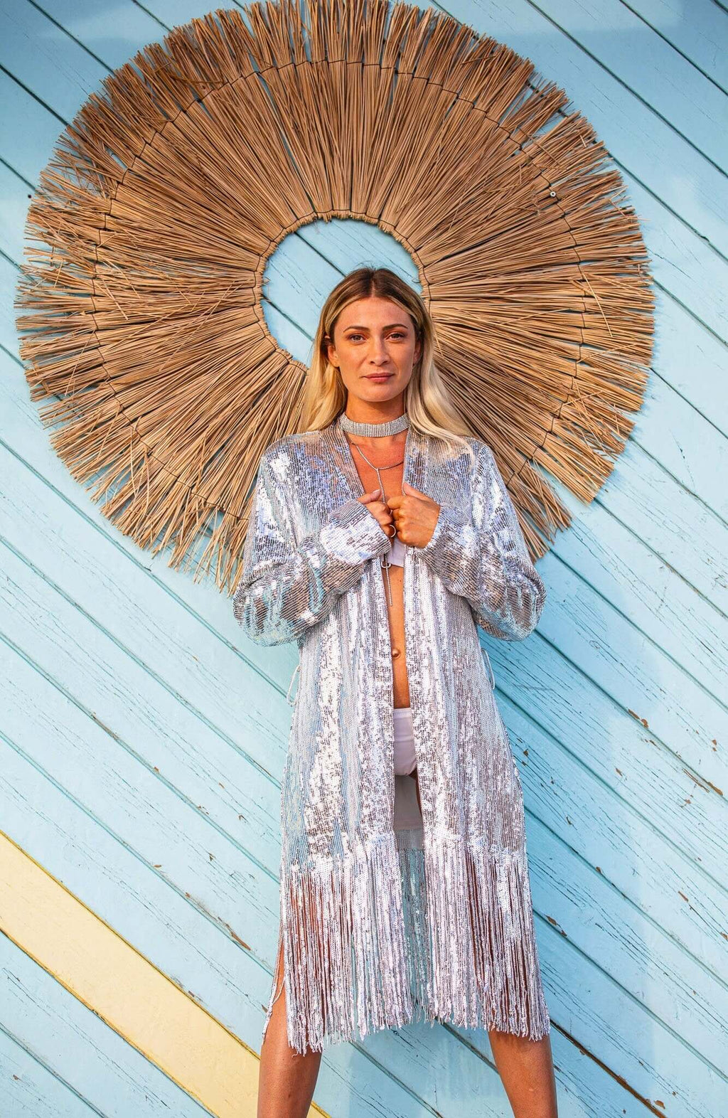 Silver Sequin Kimono with Fringes Burning man Robe - Boho Festival Clothing EDF