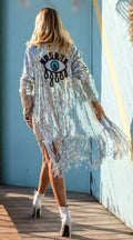 Silver Sequin Kimono with Fringes Burning man Robe - Boho Festival Clothing EDF
