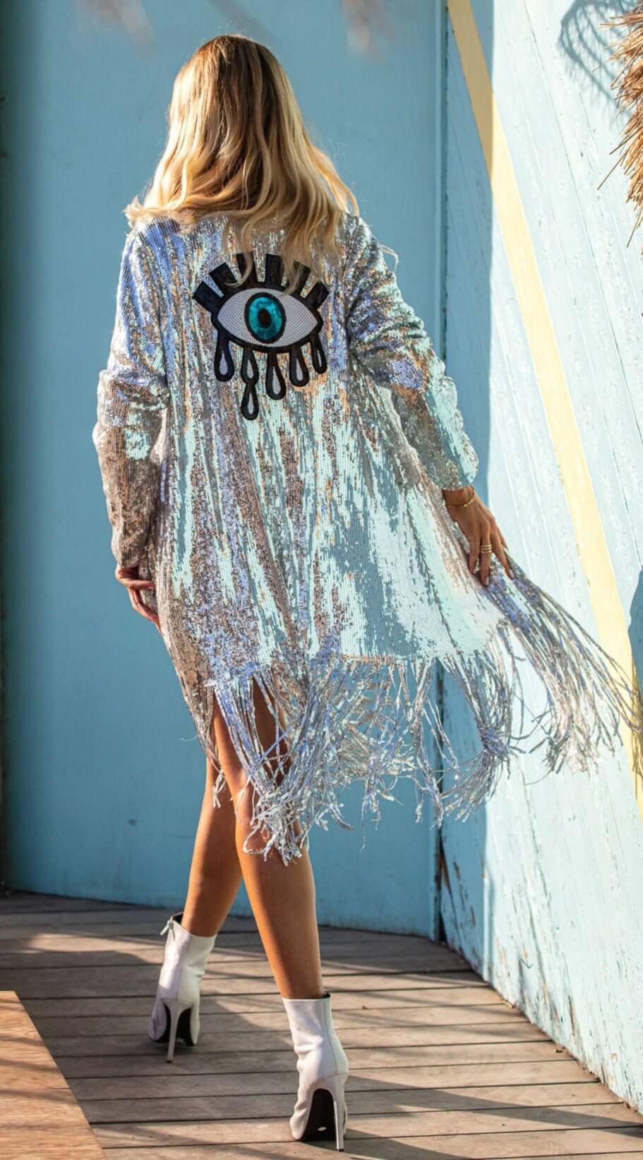Silver Sequin Kimono with Fringes Burning man Robe - Boho Festival Clothing EDF