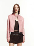 Firelady Fur Cropped Stand Collar Leather Moto Jacket For Women Biker Outerwear "Punk Party"