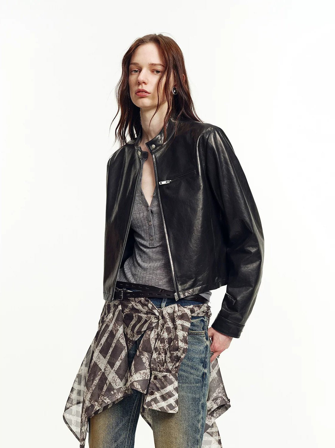 Firelady Fur Cropped Stand Collar Leather Moto Jacket For Women Biker Outerwear "Punk Party"