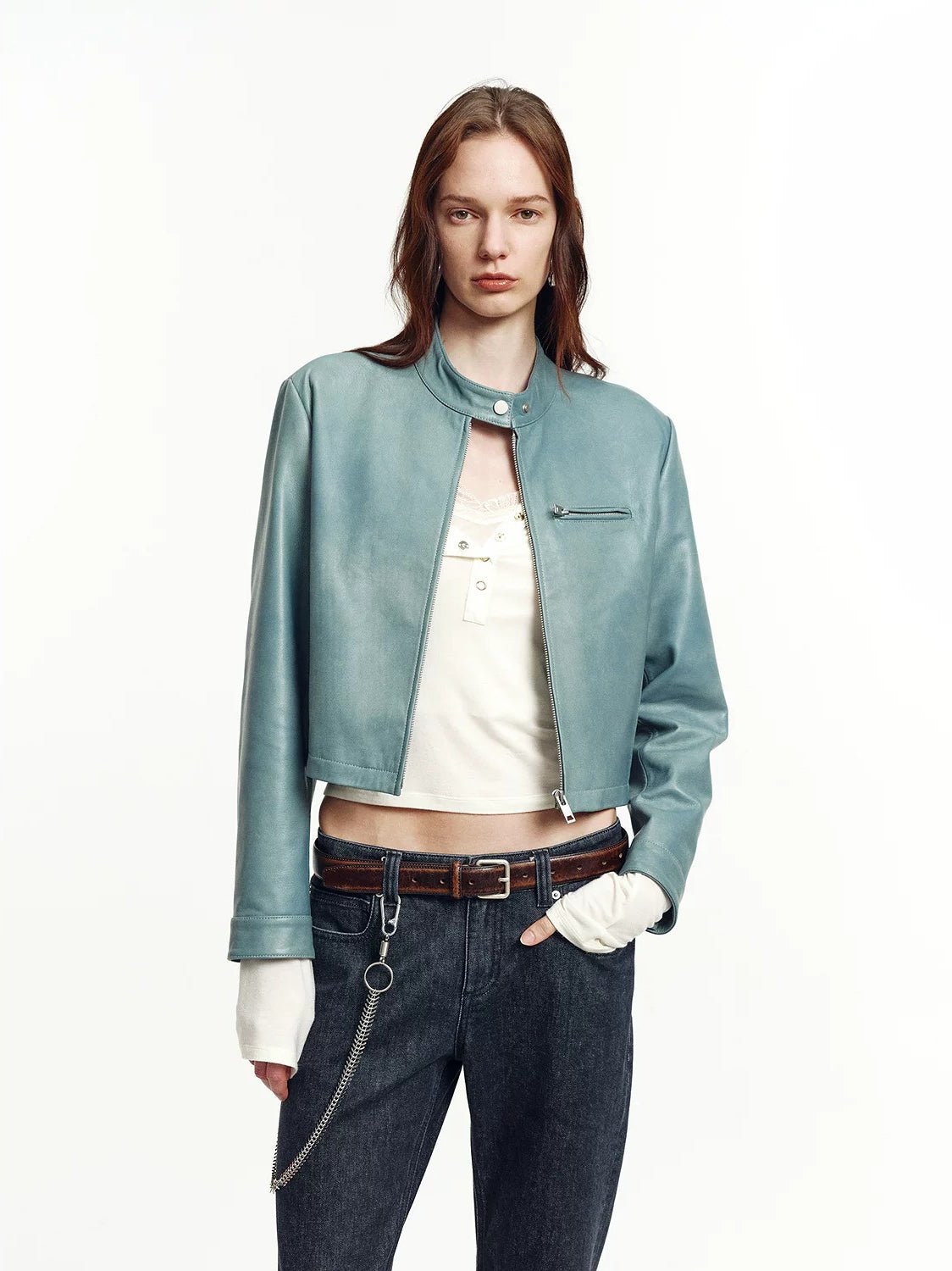 Firelady Fur Cropped Stand Collar Leather Moto Jacket For Women Biker Outerwear "Punk Party"