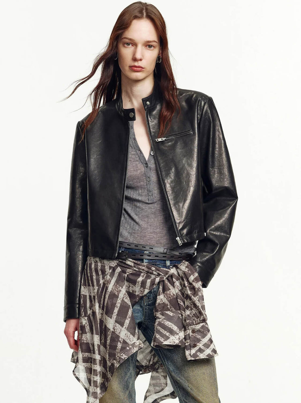 Firelady Fur Cropped Stand Collar Leather Moto Jacket For Women Biker Outerwear "Punk Party"