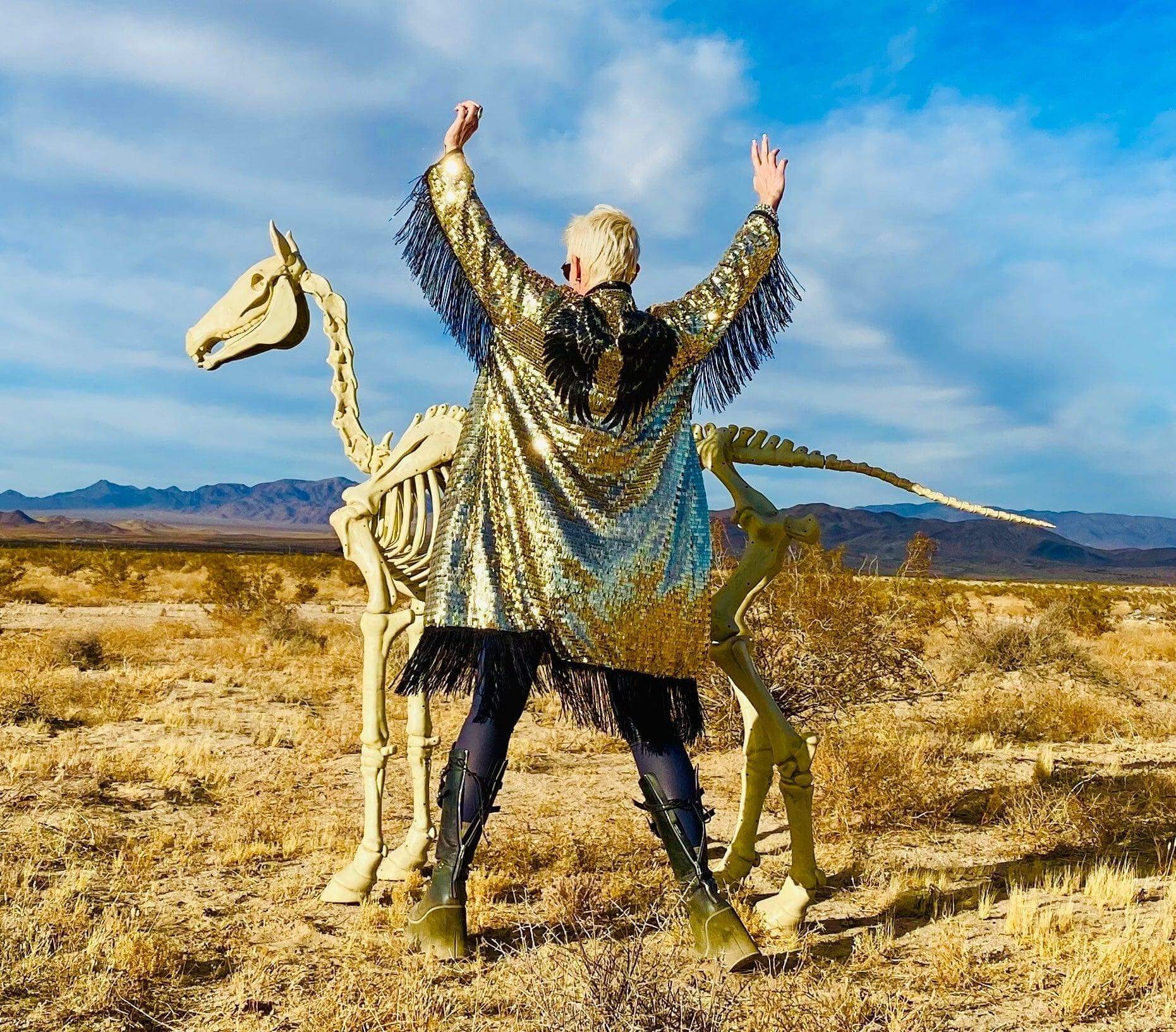 Gold Sequin Kimono with Black Wings and Fringes - Festival Clothing, Rave Outfits.