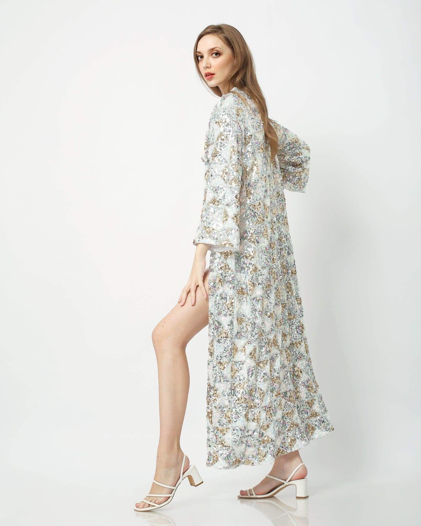 Sequin Burning Man Kimono in White Gold and Silver tones