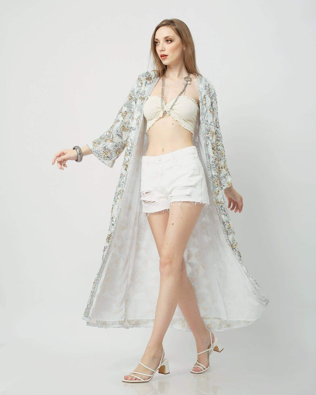 Sequin Burning Man Kimono in White Gold and Silver tones