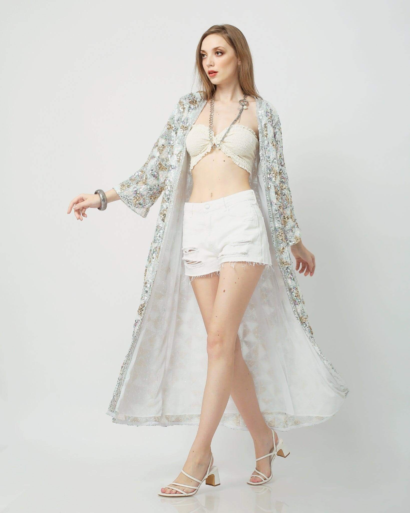 Sequin Burning Man Kimono in White Gold and Silver tones