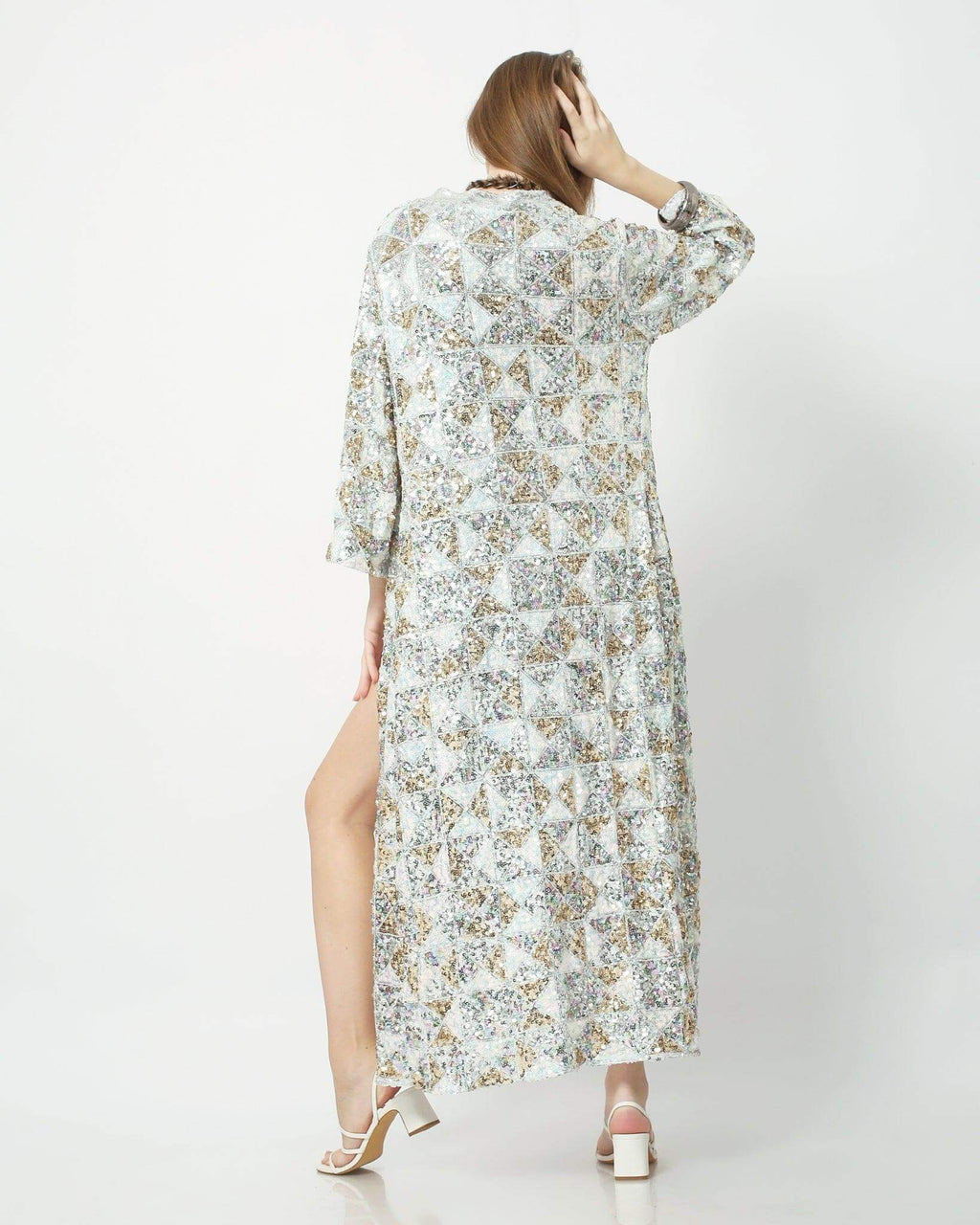 Sequin Burning Man Kimono in White Gold and Silver tones