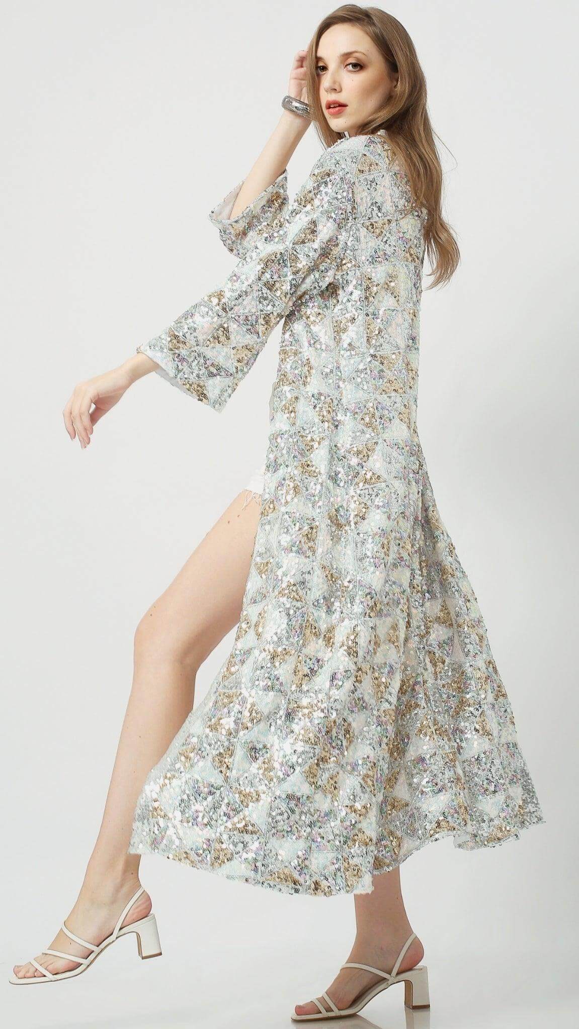 Sequin Burning Man Kimono in White Gold and Silver tones