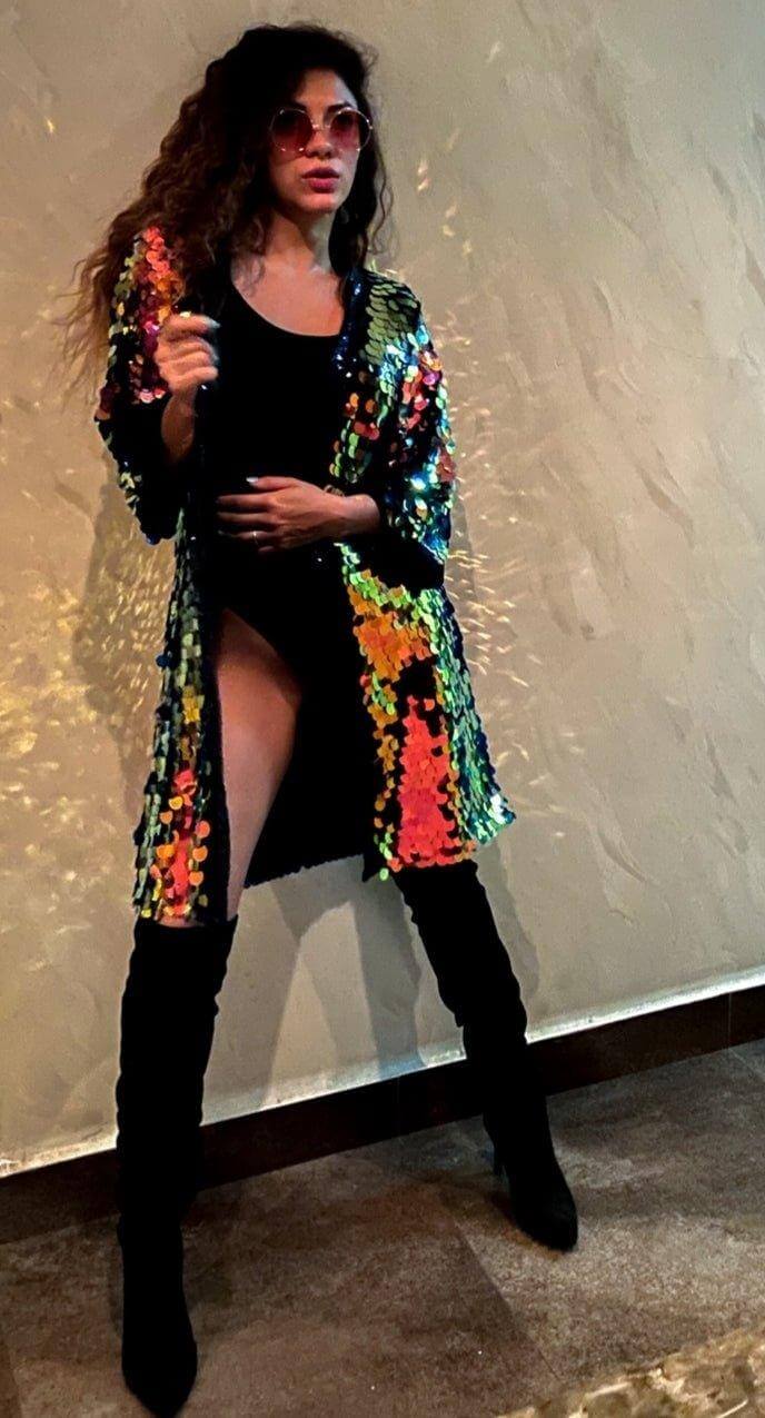 Iridescent Sequin Kimono for Rave, Festivals - Sparkly Jacket