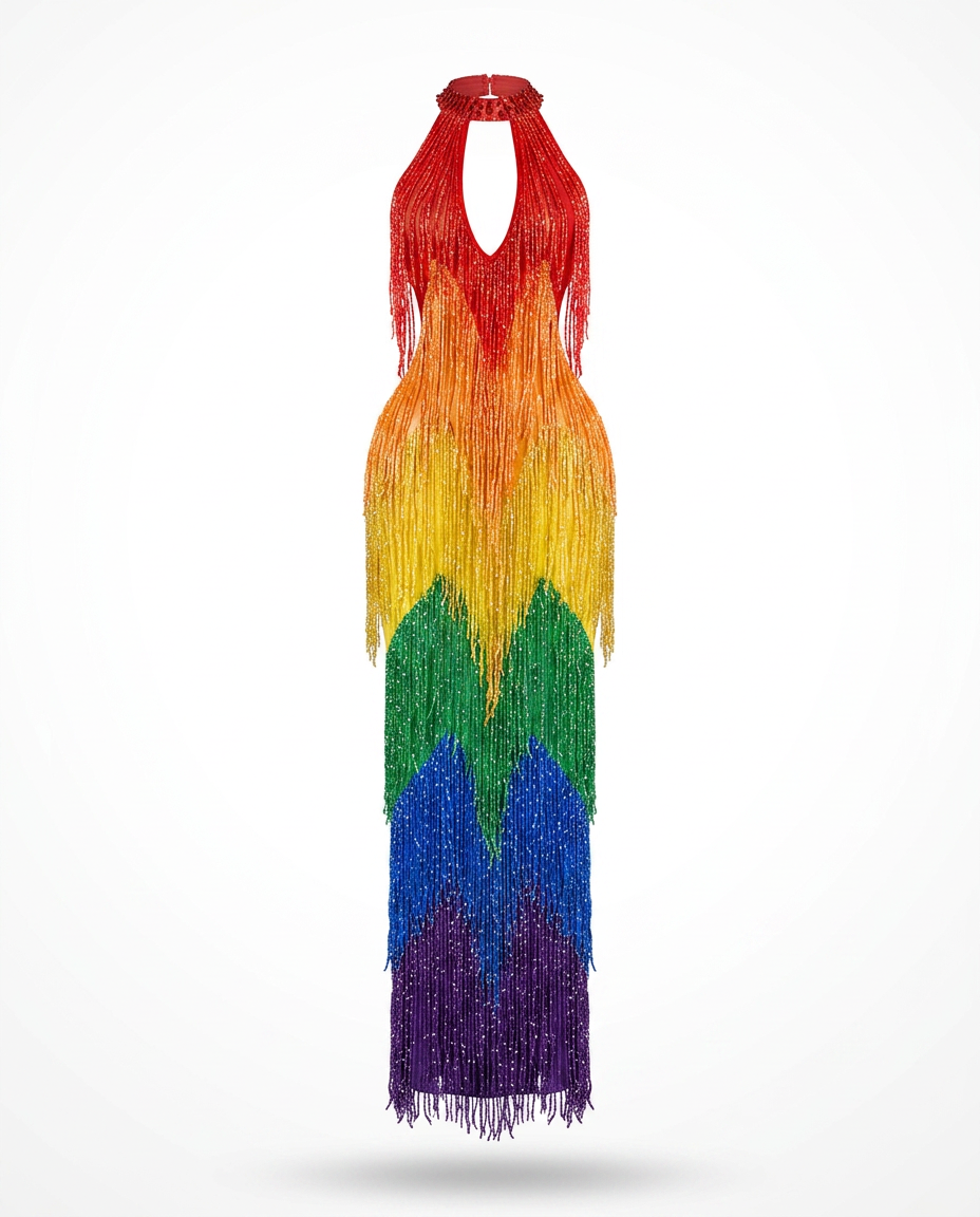 [PRE ORDER] Vibrant Rainbow Fringe Mesh Maxi Dress