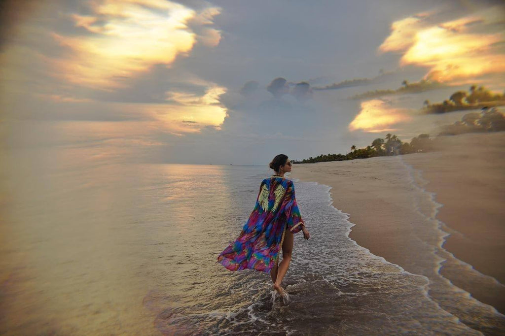 Multicolour chiffon Beach Kimono with  Golden Wings by Festivo Kimonos