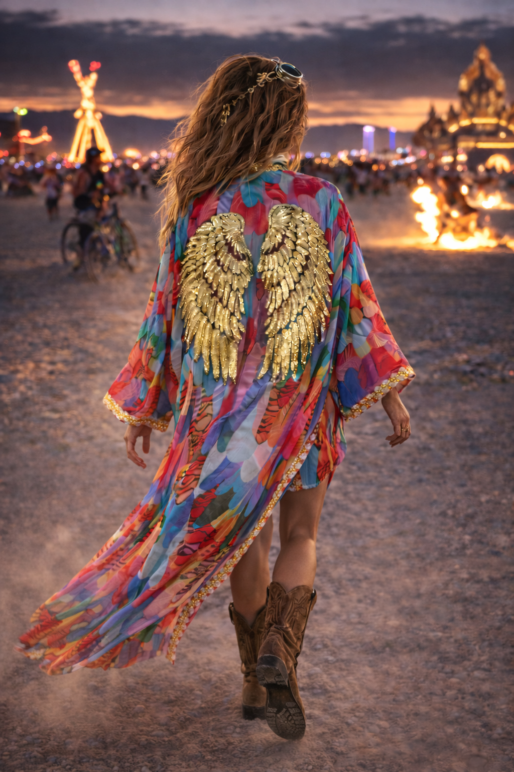 Multicolour chiffon Beach Kimono with  Golden Wings by Festivo Kimonos