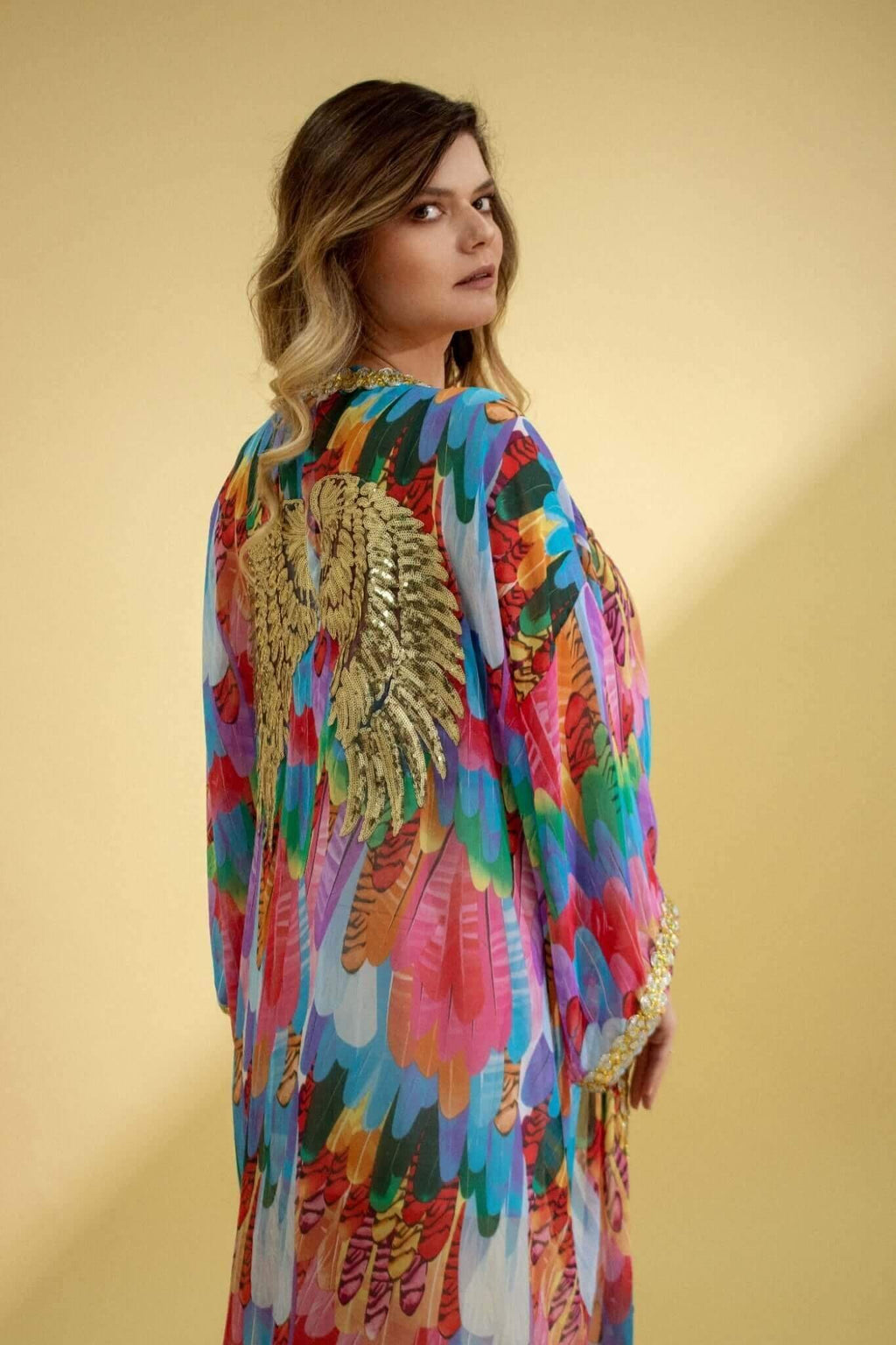 Multicolour chiffon Beach Kimono with  Golden Wings by Festivo Kimonos