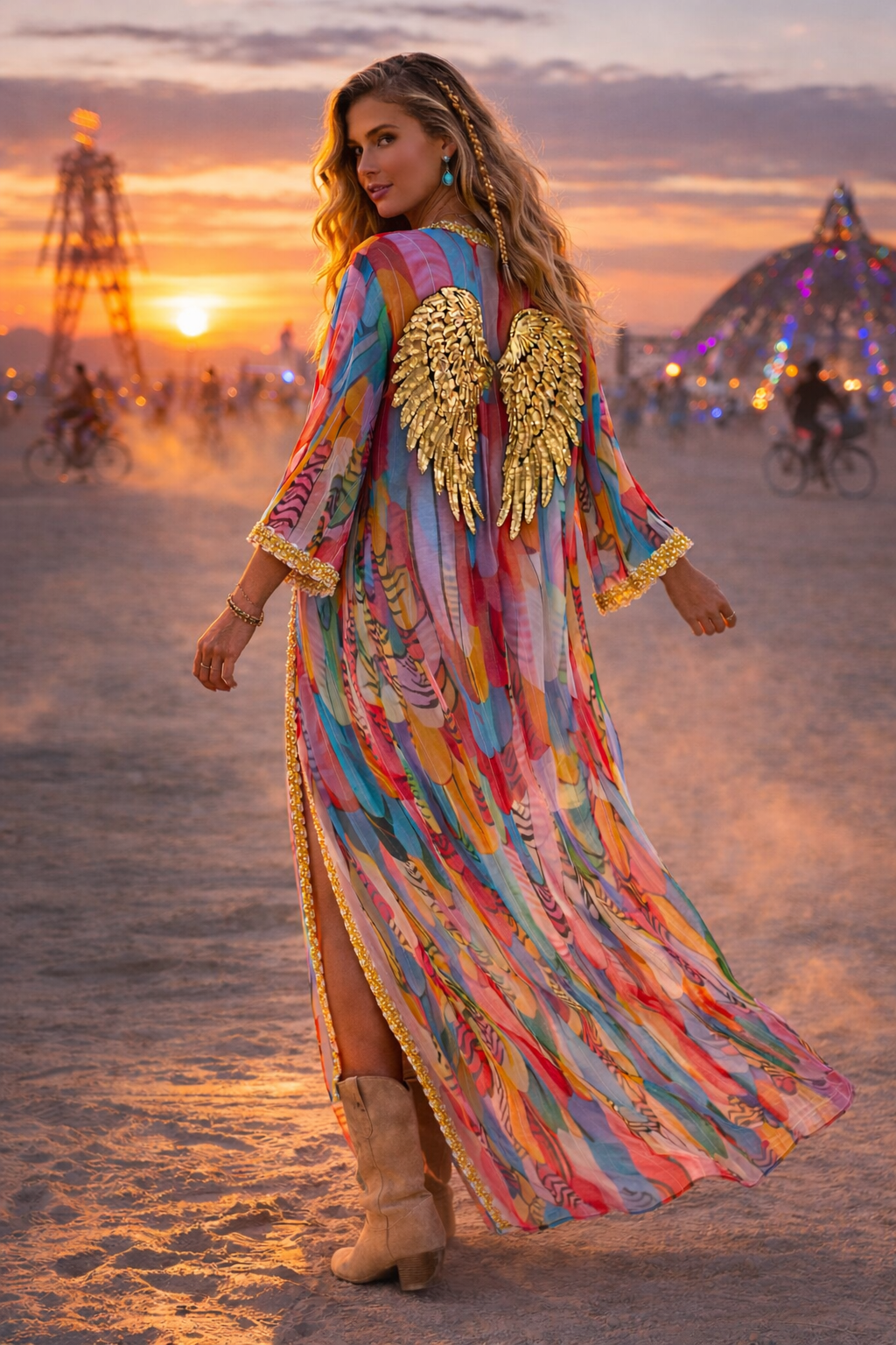 Multicolour chiffon Beach Kimono with  Golden Wings by Festivo Kimonos
