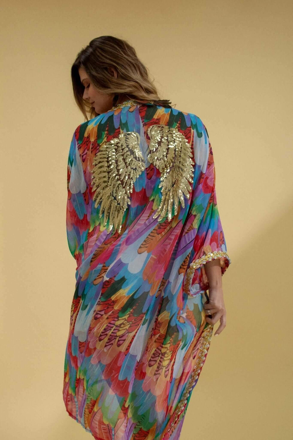 Multicolour chiffon Beach Kimono with  Golden Wings by Festivo Kimonos