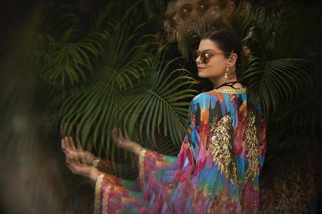 Multicolour chiffon Beach Kimono with  Golden Wings by Festivo Kimonos