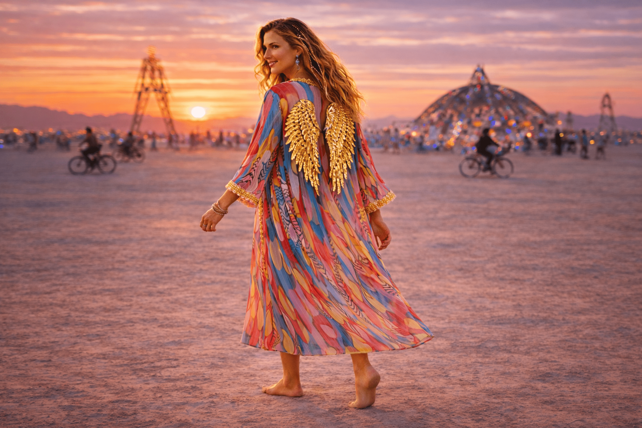 Multicolour chiffon Beach Kimono with  Golden Wings by Festivo Kimonos