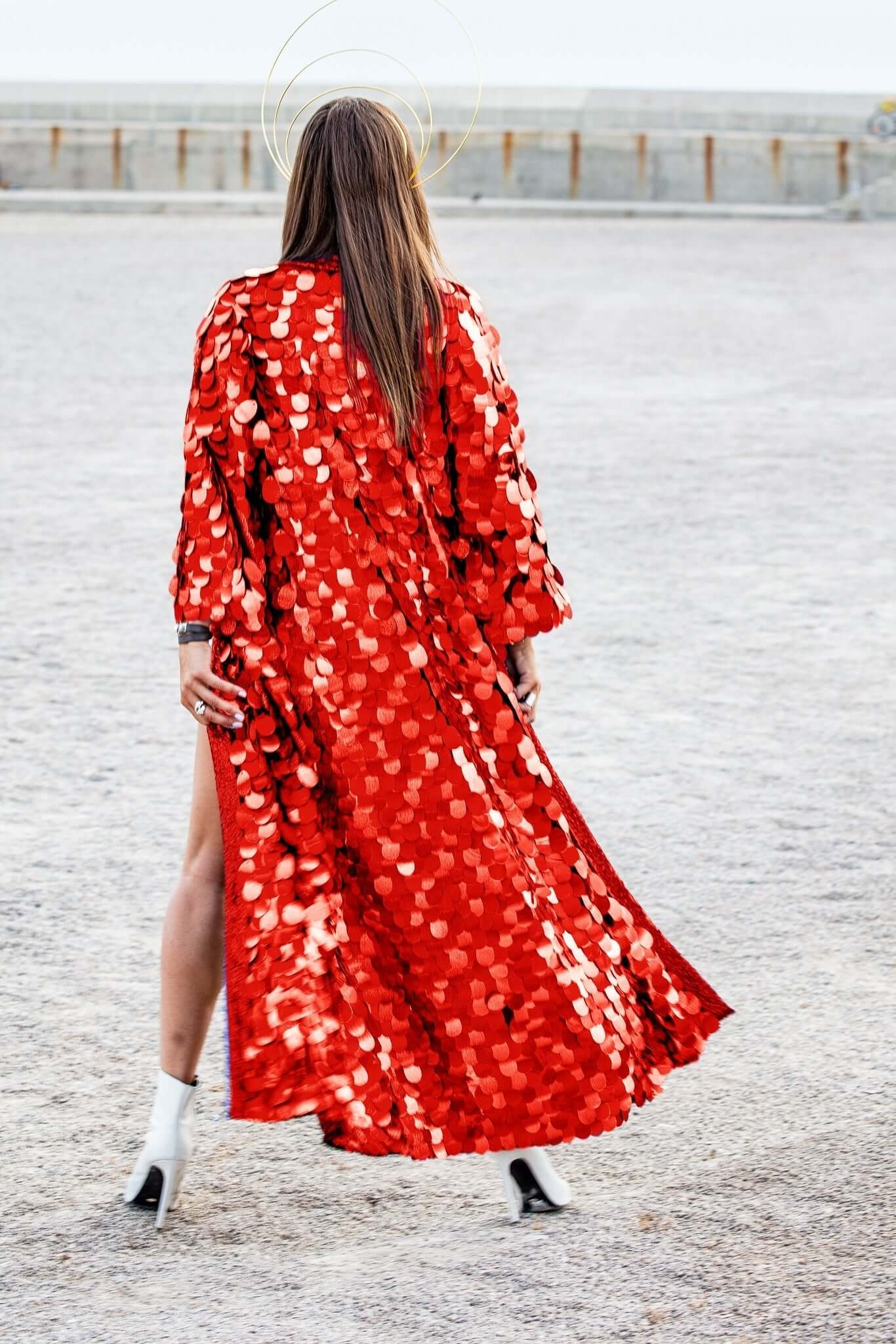 Red Iridescent Sequin Kimono - Festival Coat Rave Outfit Mermaid Sequin Kimono