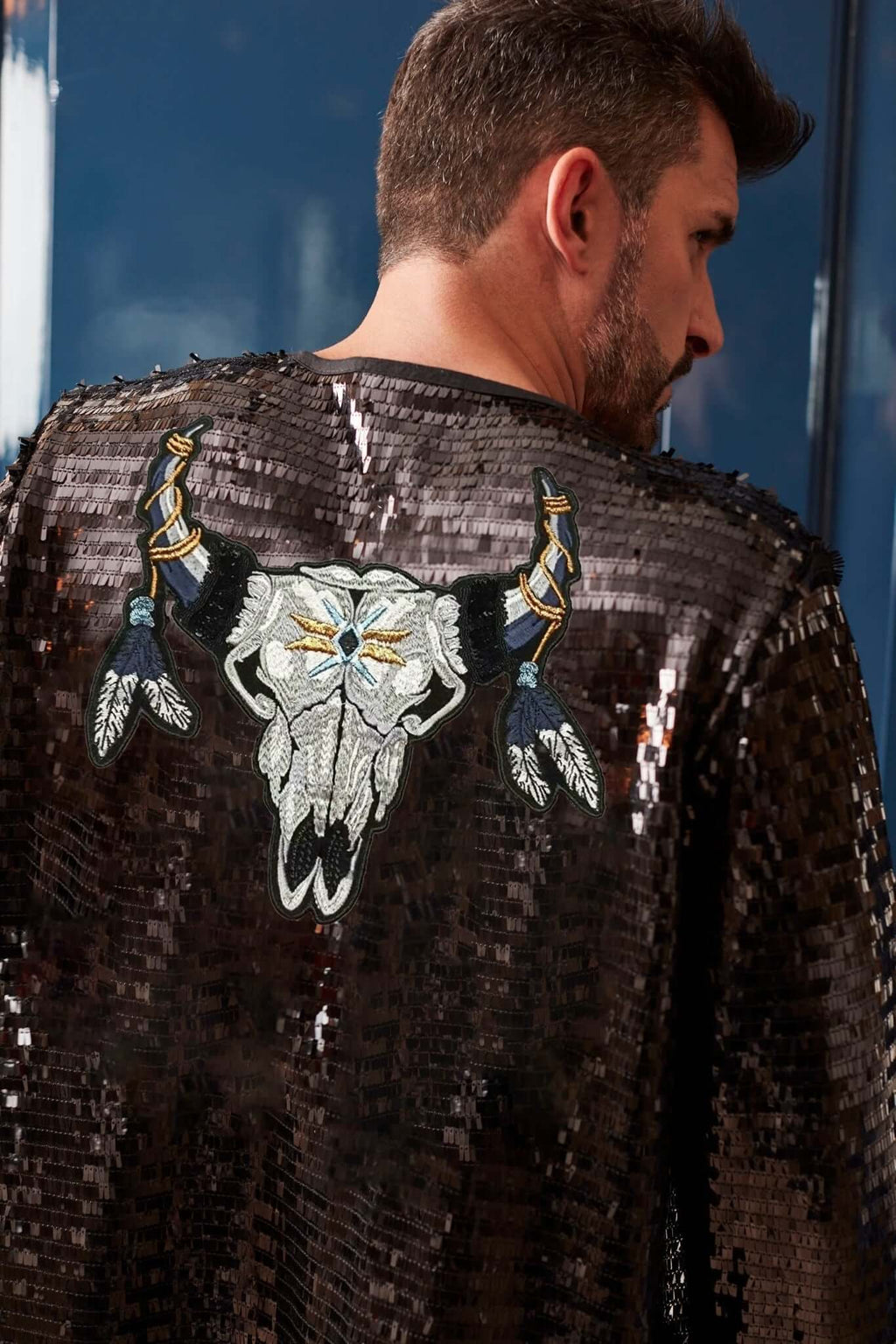 Sequin Kimono for men with Bull Skull Rave Outfit Harry Styles Jacket Festival Costume Boho Tulum