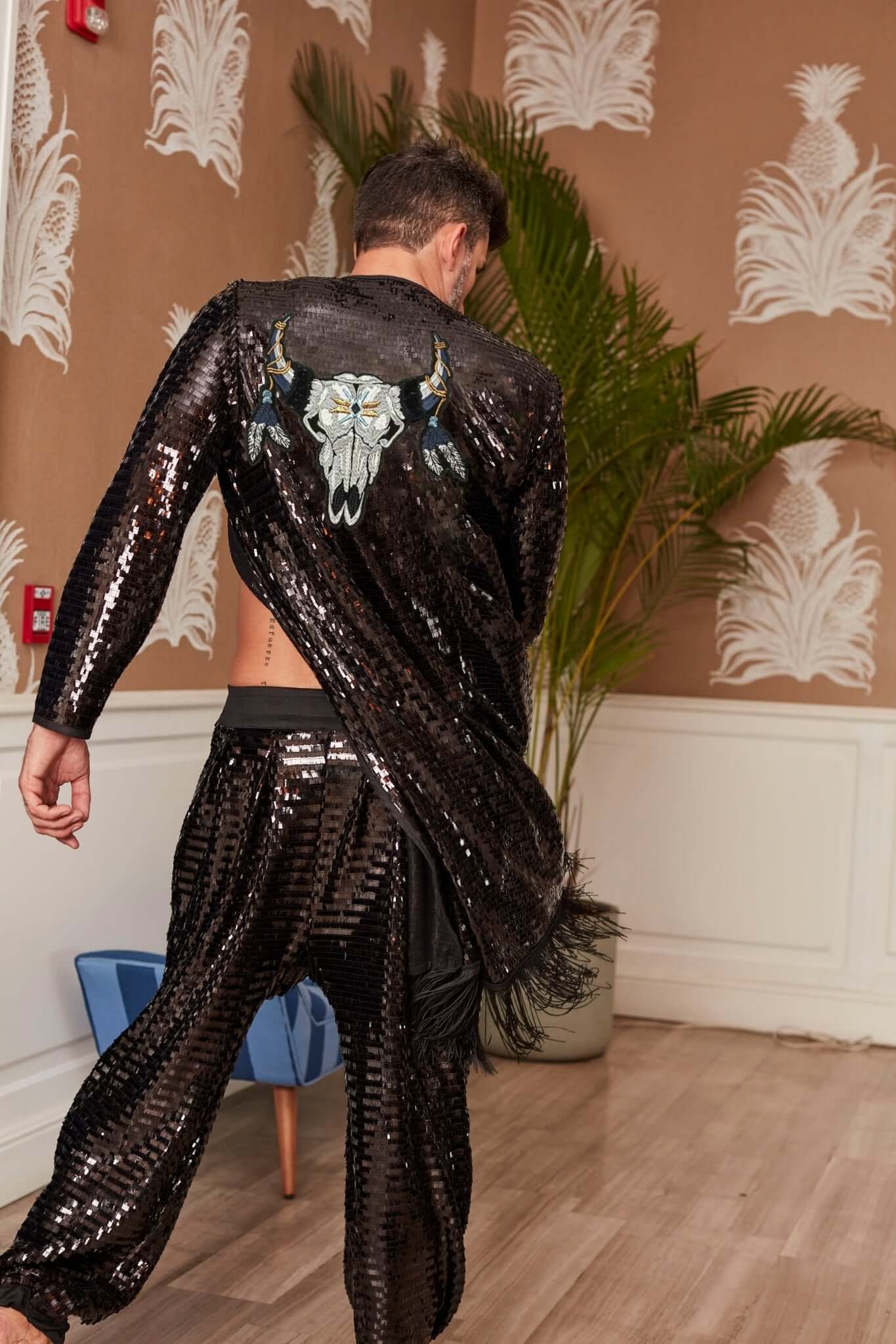 Sequin Kimono for men with Bull Skull Rave Outfit Harry Styles Jacket Festival Costume Boho Tulum